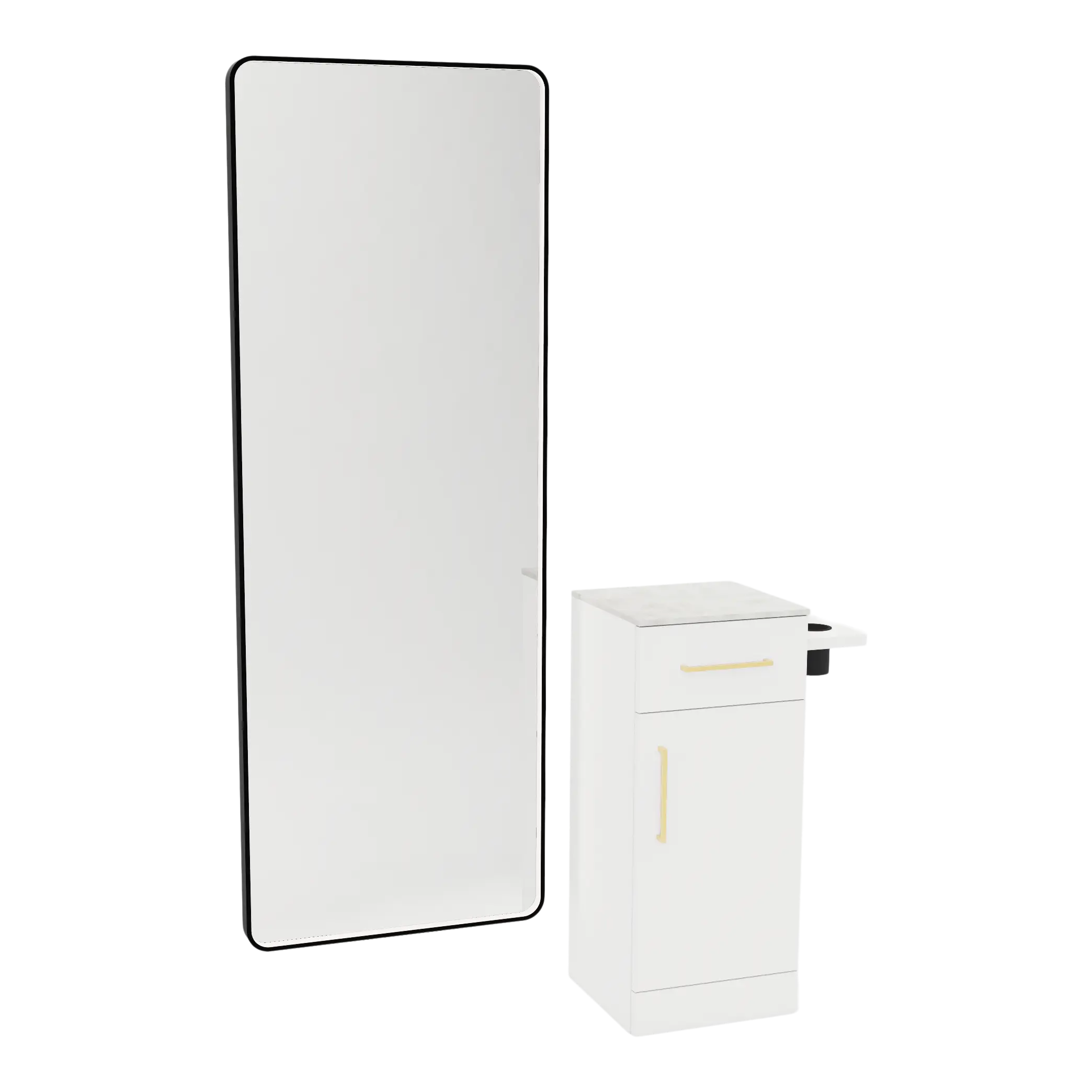 Nova Tower Free Standing Styling Station with Side-Mount Appliance Holder, Solid Surface Countertop, and Black Full-Length Rectangle Westin Mirror