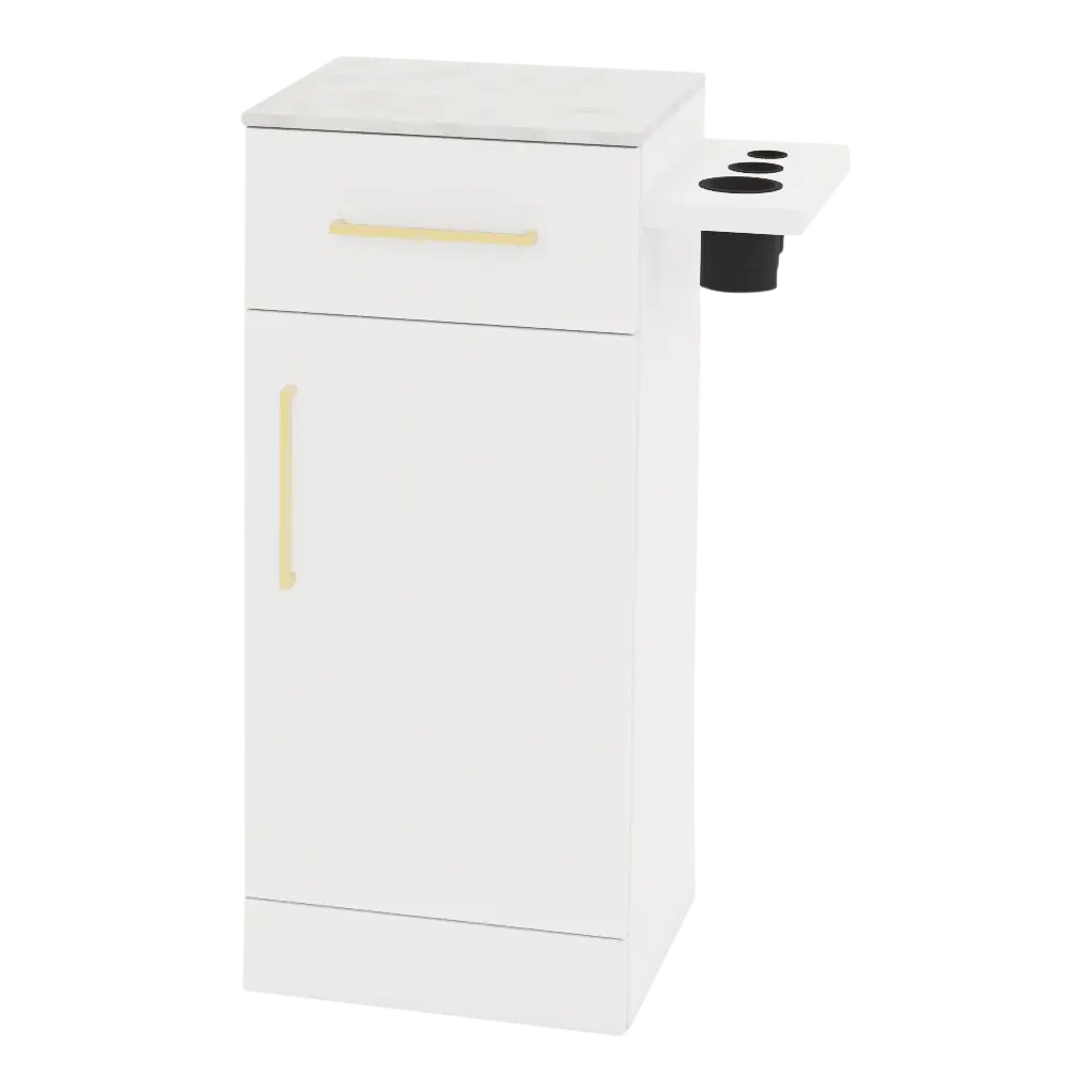 Nova Tower Free Standing Styling Station with Side-Mount Appliance Holder and Solid Surface Countertop (Cabinet Only)