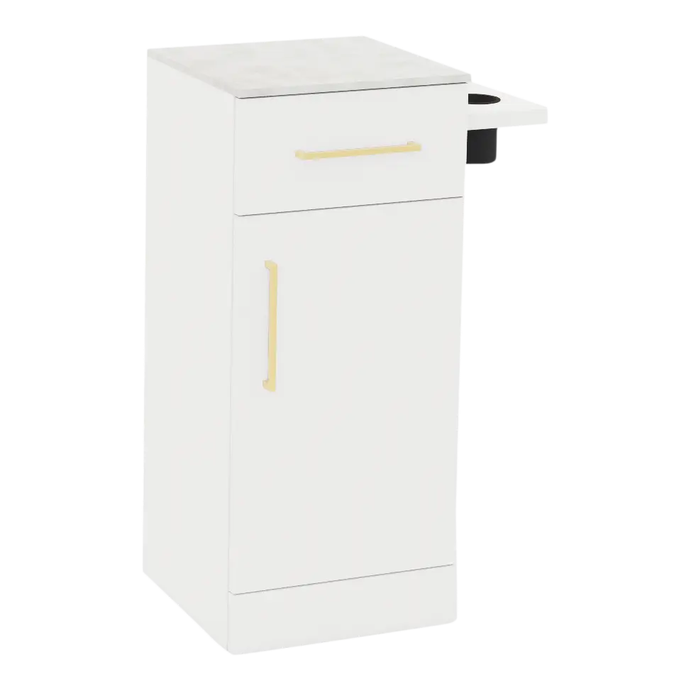 Nova Tower Free Standing Styling Station with Side-Mount Appliance Holder and Solid Surface Countertop (Cabinet Only)