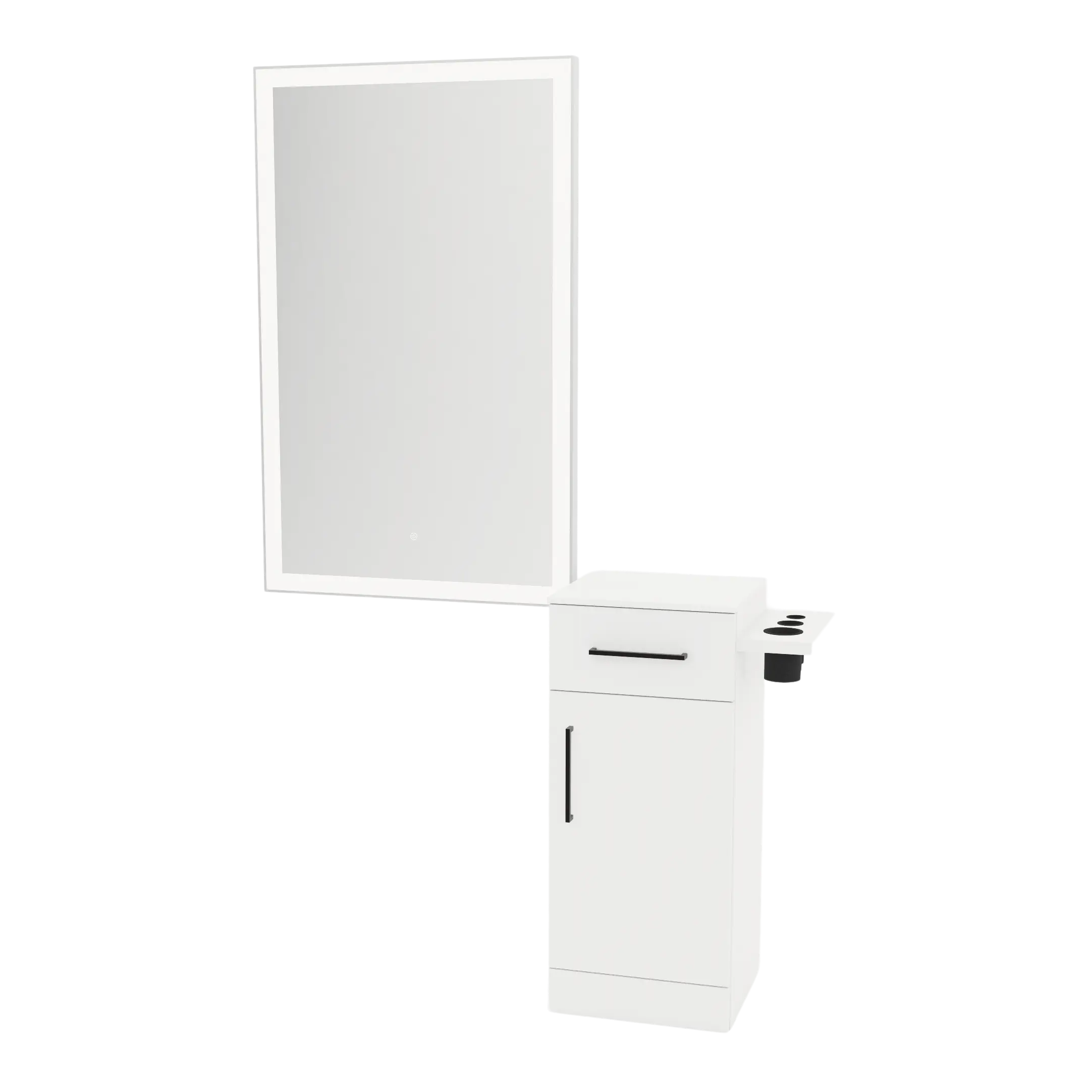 Nova Wall Mount Styling Station with Concealed Appliance Holder, Solid Surface Countertop, and Silver Rectangle Glo Mirror
