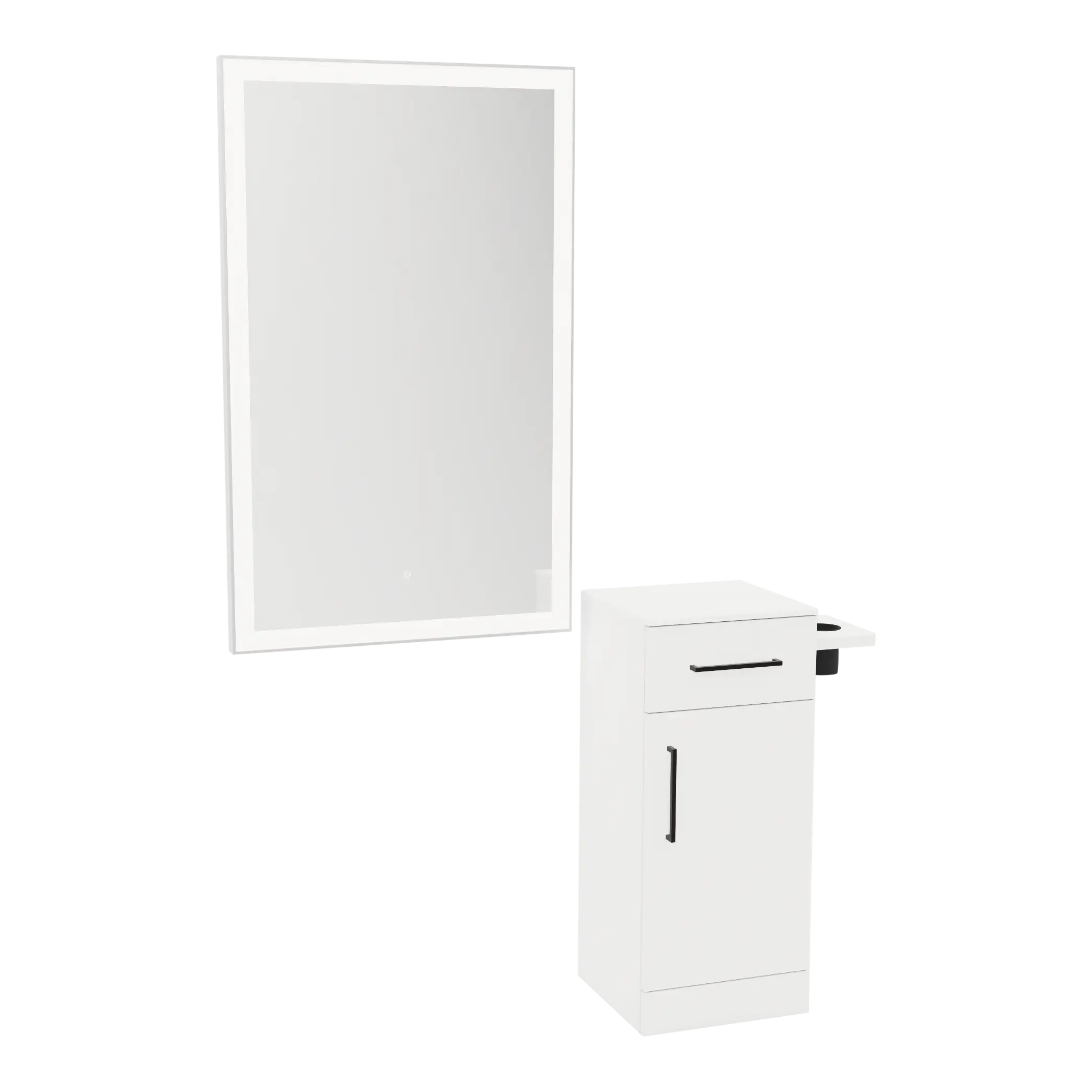 Nova Wall Mount Styling Station with Concealed Appliance Holder, Solid Surface Countertop, and Silver Rectangle Glo Mirror