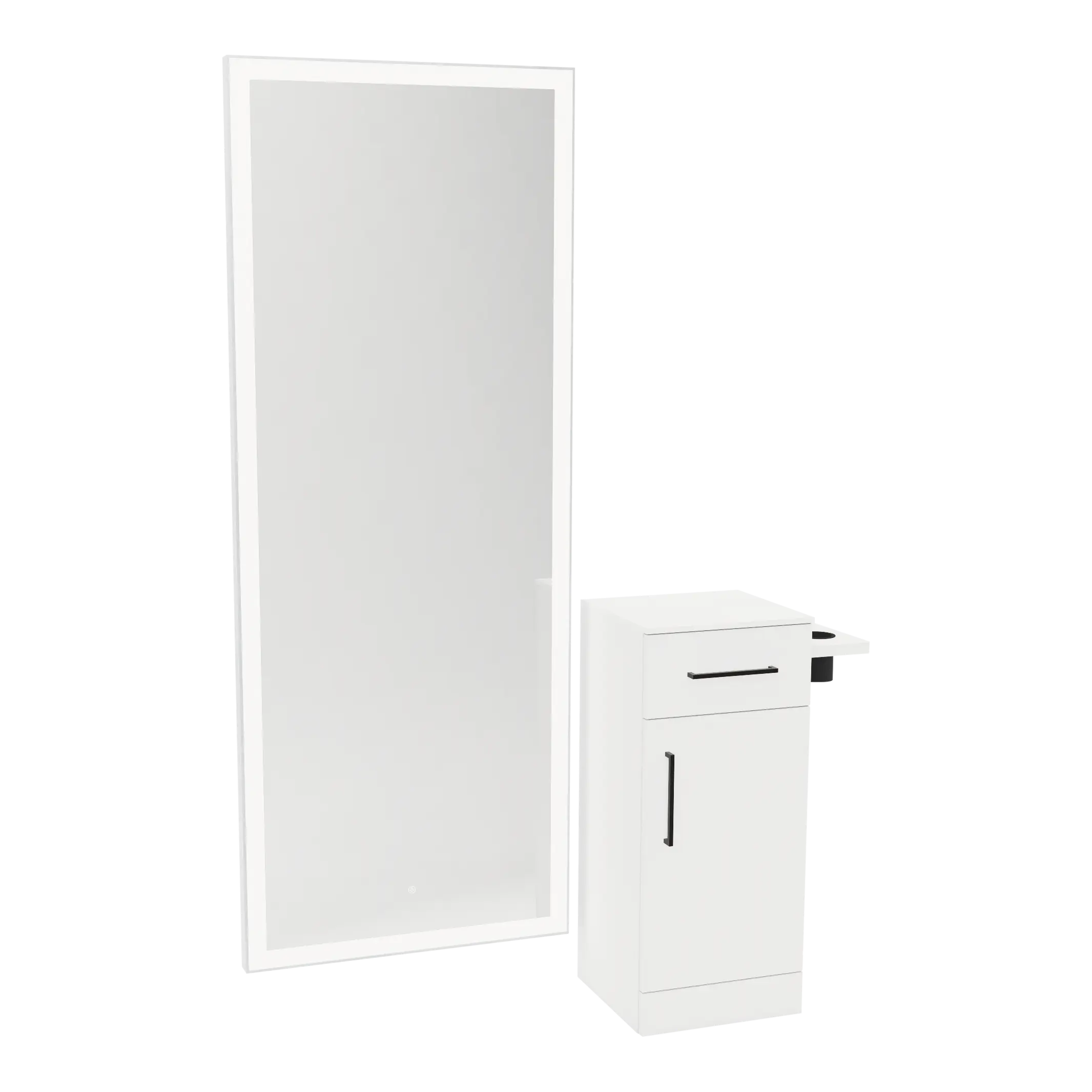 Nova Tower Free Standing Styling Station with Side-Mount Appliance Holder, Solid Surface Countertop, and Silver Full-Length Rectangle Glo Mirror