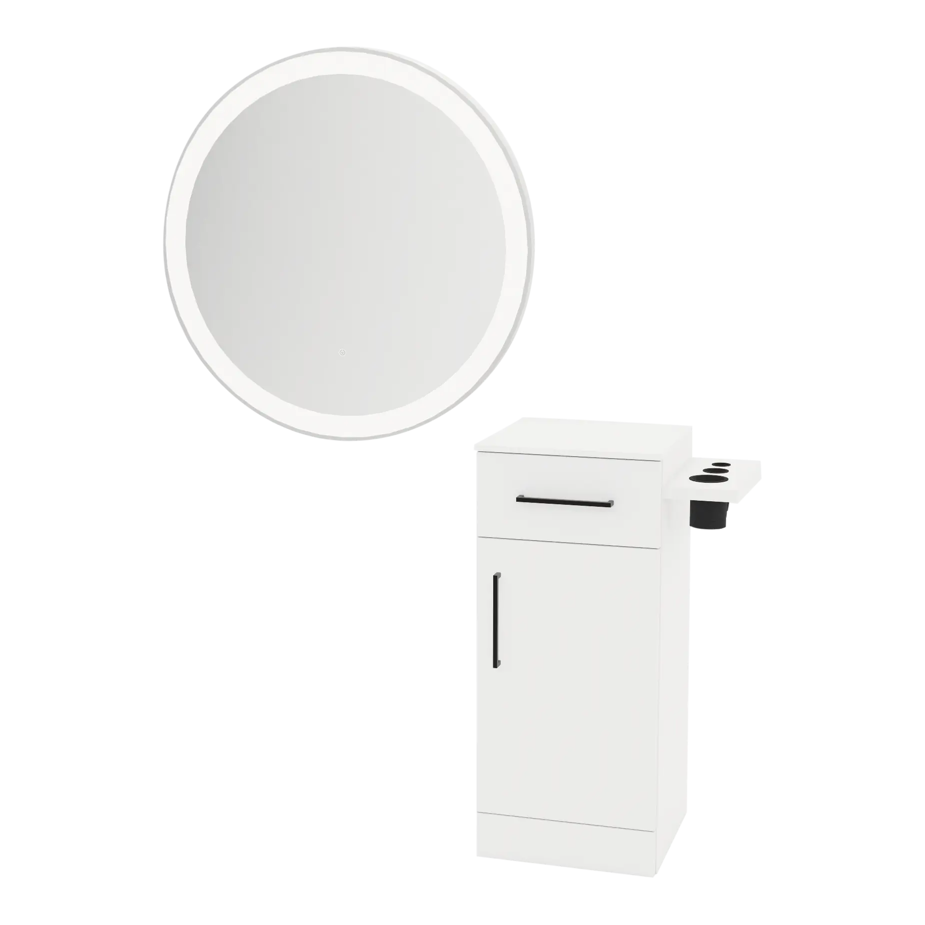 Nova Tower Free Standing Styling Station with Side-Mount Appliance Holder, Solid Surface Countertop, and Silver Round Glo Mirror