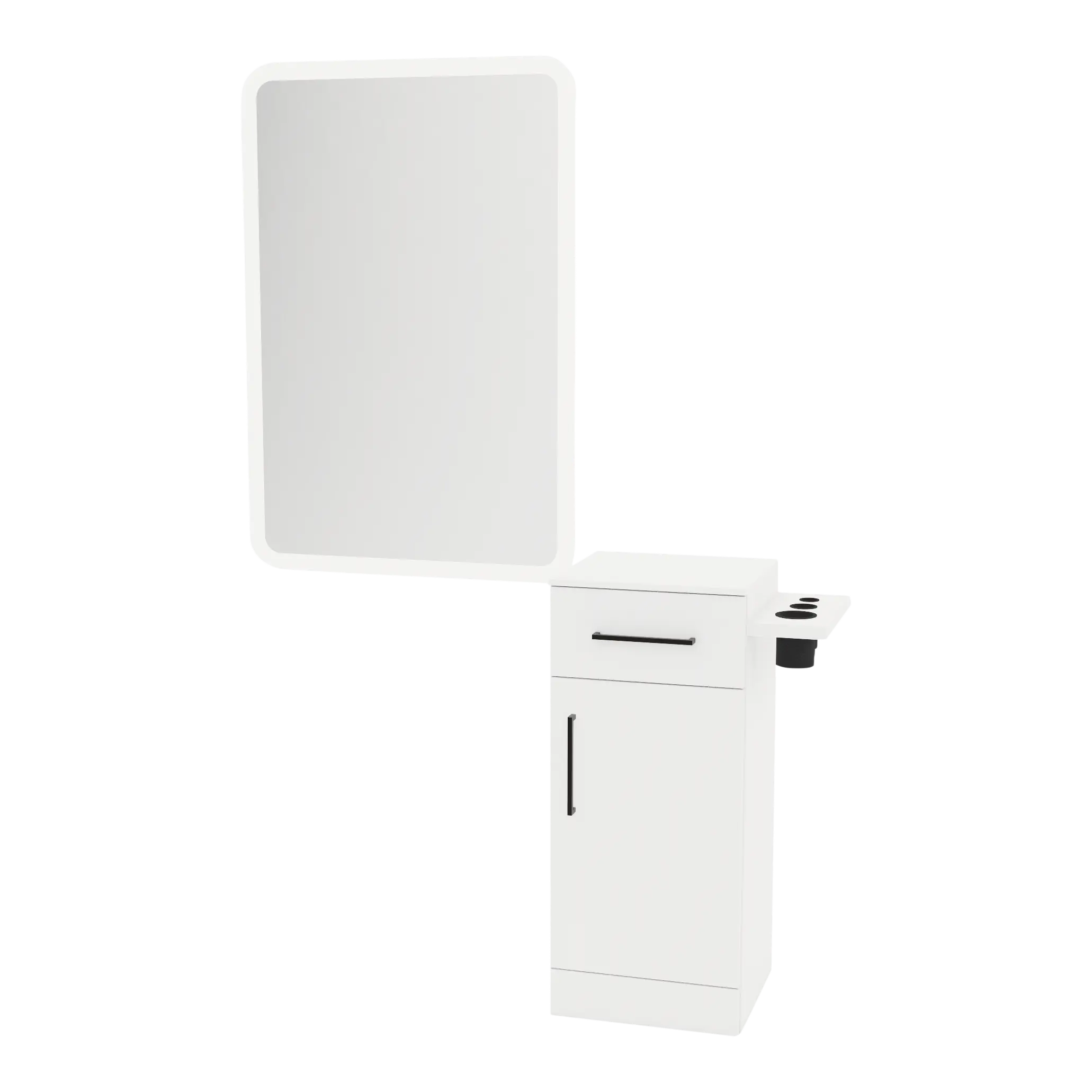 Nova Tower Free Standing Styling Station with Side-Mount Appliance Holder, Solid Surface Countertop, and White Rectangle Illuminate Back Lit Mirror