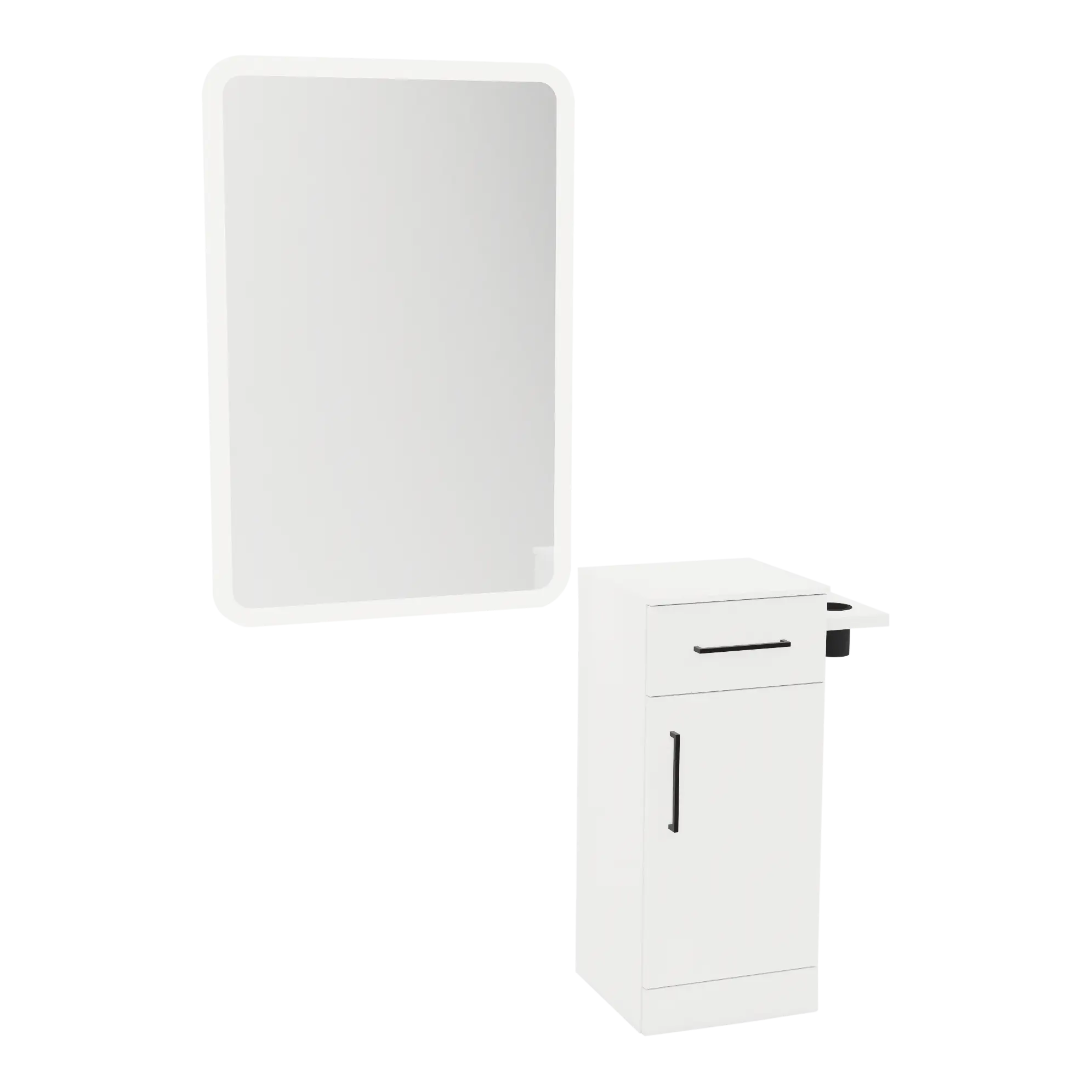 Nova Tower Free Standing Styling Station with Side-Mount Appliance Holder, Solid Surface Countertop, and White Rectangle Illuminate Back Lit Mirror