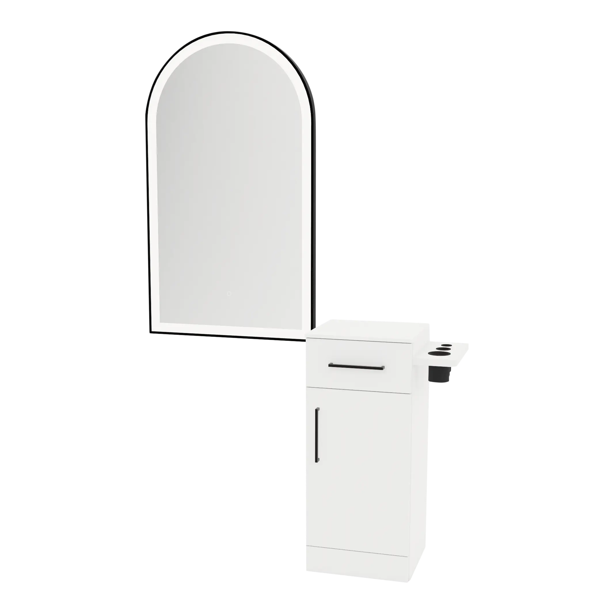 Nova Tower Free Standing Styling Station with Side-Mount Appliance Holder, Solid Surface Countertop, and Black Arch Paloma Mirror