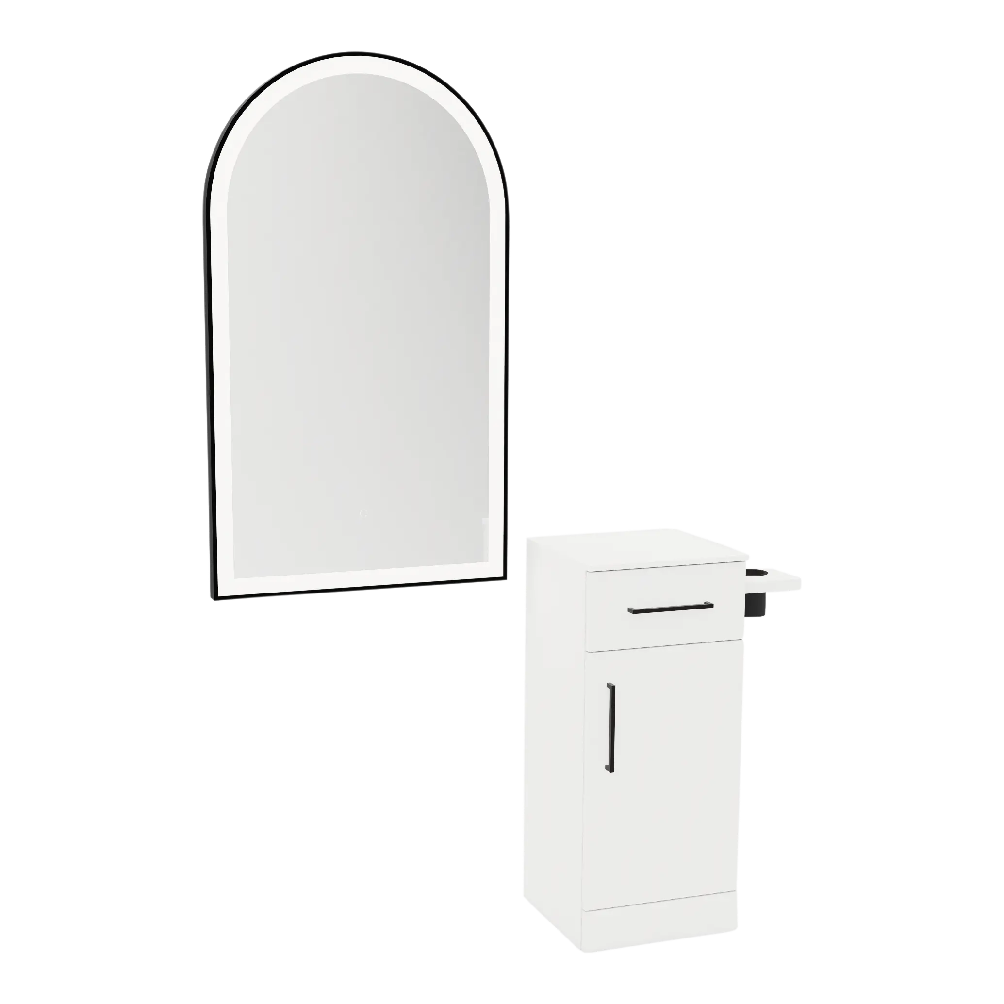 Nova Tower Free Standing Styling Station with Side-Mount Appliance Holder, Solid Surface Countertop, and Black Arch Paloma Mirror