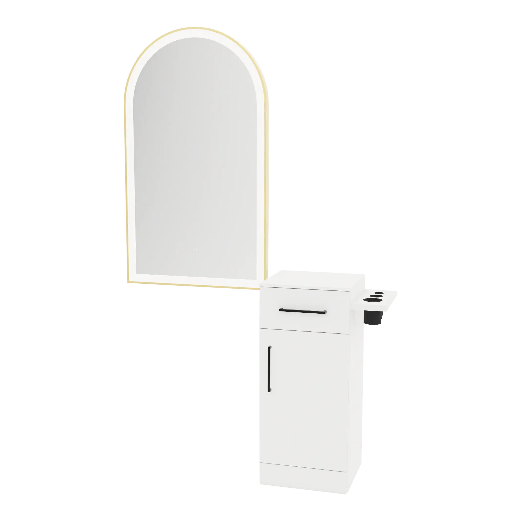Nova Tower Free Standing Styling Station with Side-Mount Appliance Holder, Solid Surface Countertop, and Gold Arch Paloma Mirror