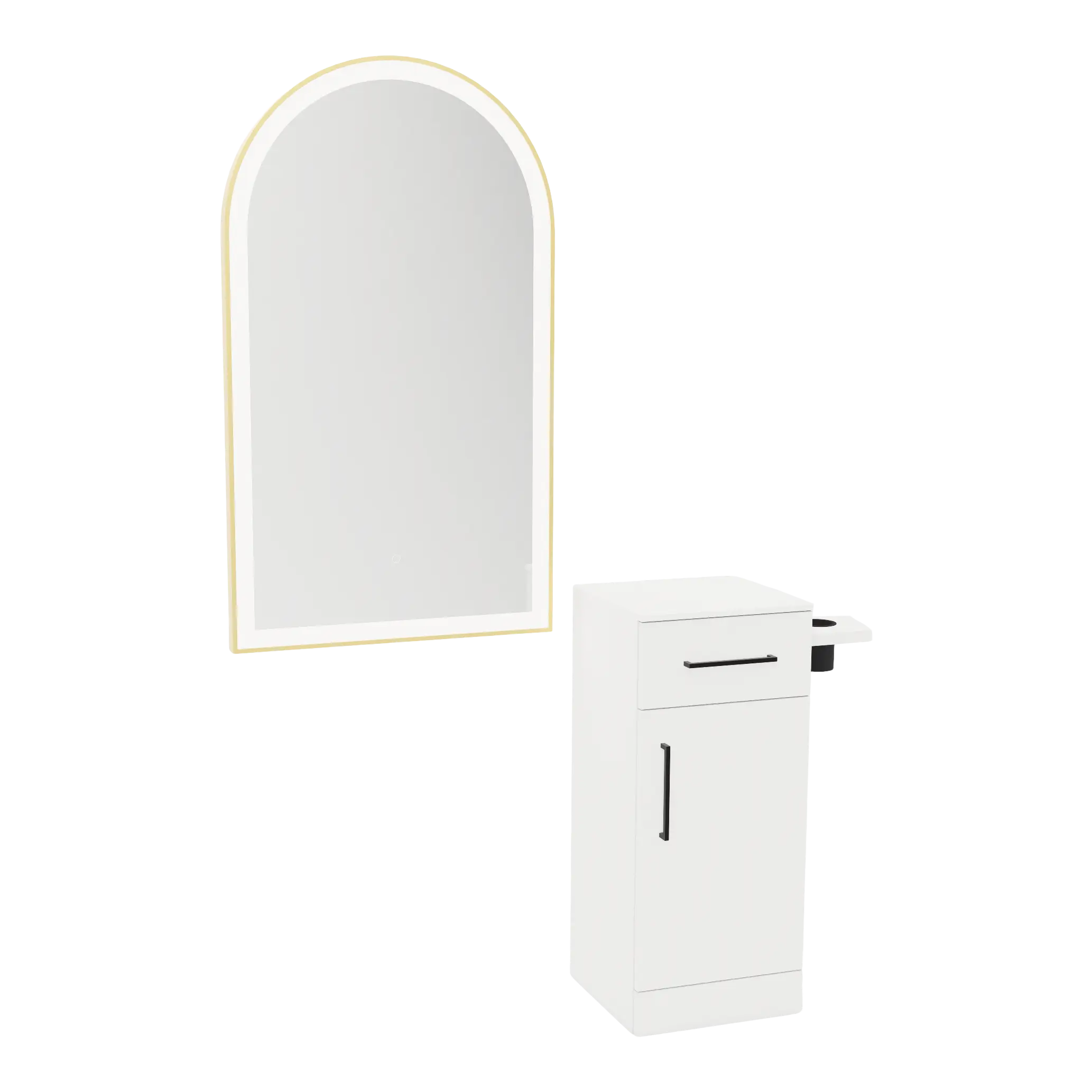 Nova Tower Free Standing Styling Station with Side-Mount Appliance Holder, Solid Surface Countertop, and Gold Arch Paloma Mirror