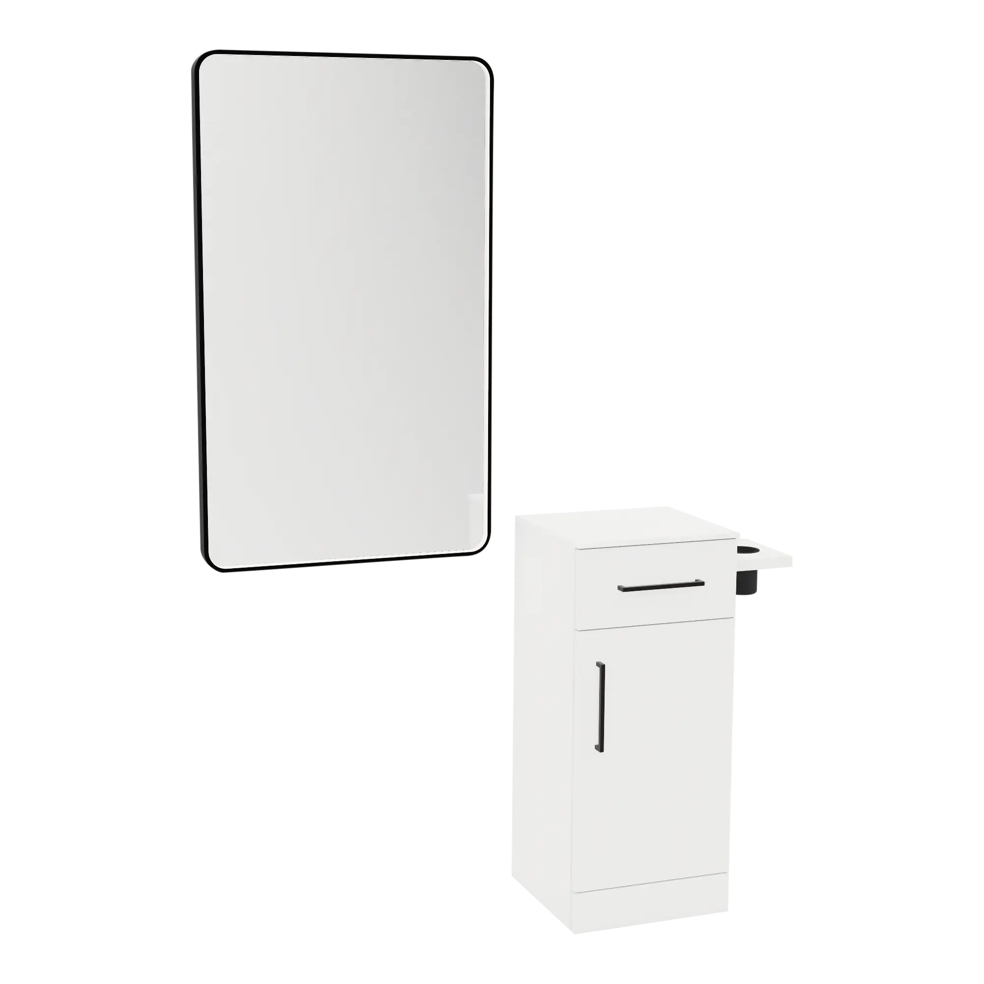 Nova Tower Free Standing Styling Station with Side-Mount Appliance Holder, Solid Surface Countertop, and Black Rectangle Westin Mirror