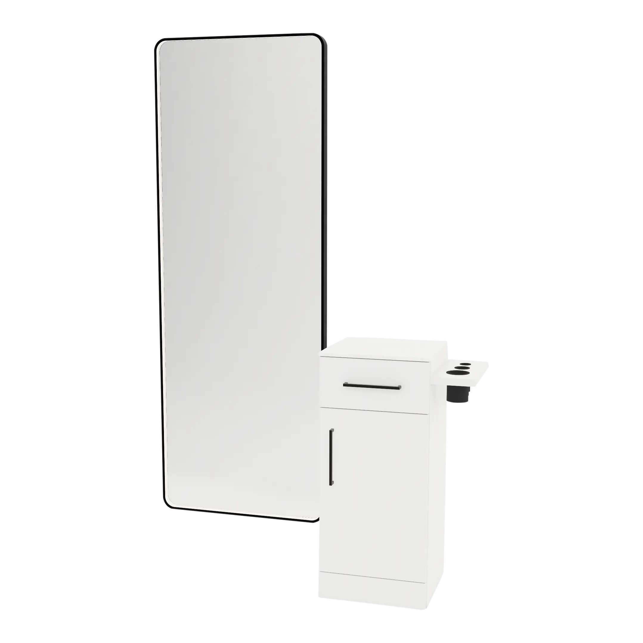 Nova Tower Free Standing Styling Station with Side-Mount Appliance Holder, Solid Surface Countertop, and Black Full-Length Rectangle Westin Mirror