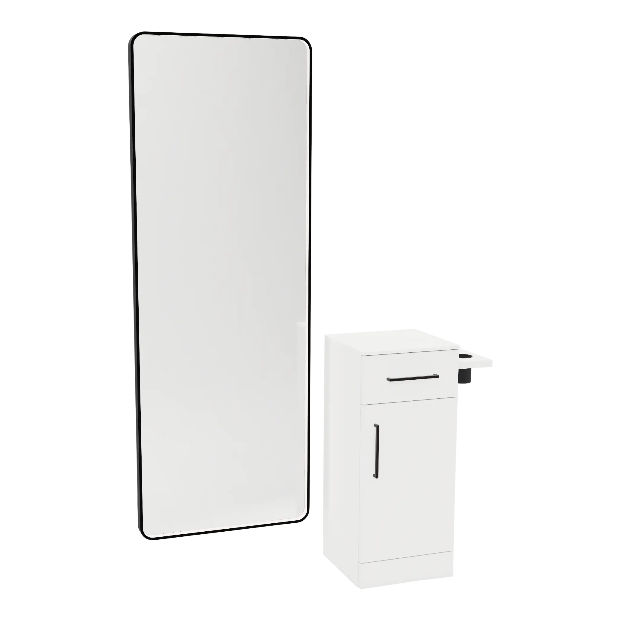 Nova Tower Free Standing Styling Station with Side-Mount Appliance Holder, Solid Surface Countertop, and Black Full-Length Rectangle Westin Mirror