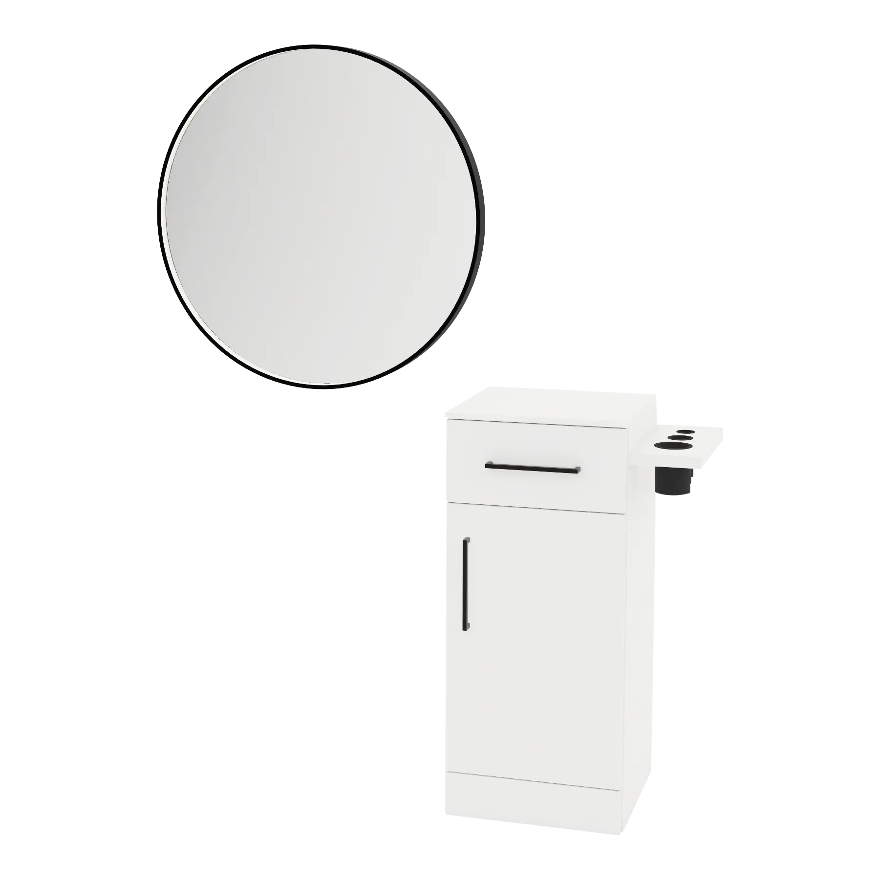 Nova Tower Free Standing Styling Station with Side-Mount Appliance Holder, Solid Surface Countertop, and Black Round Westin Mirror