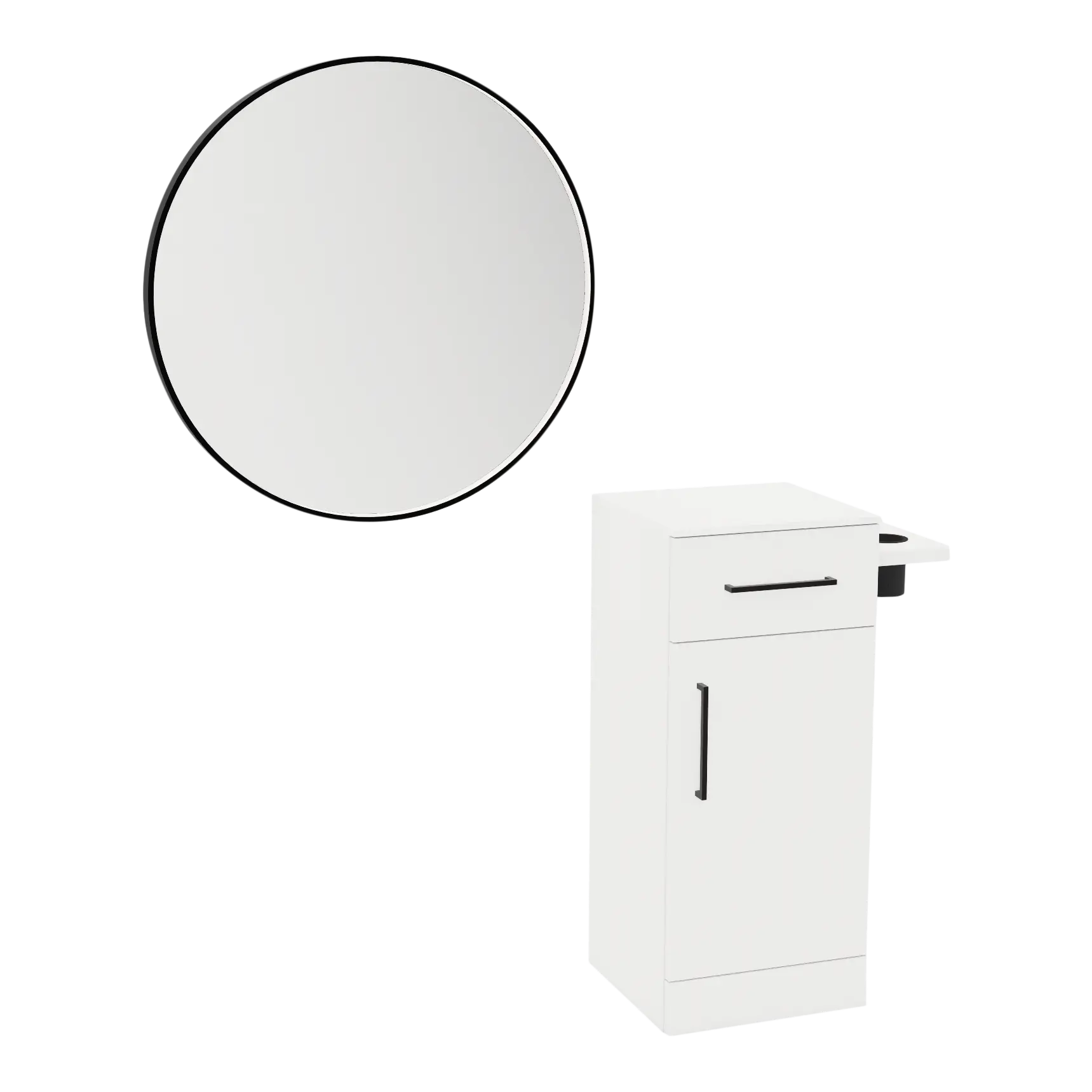 Nova Tower Free Standing Styling Station with Side-Mount Appliance Holder, Solid Surface Countertop, and Black Round Westin Mirror