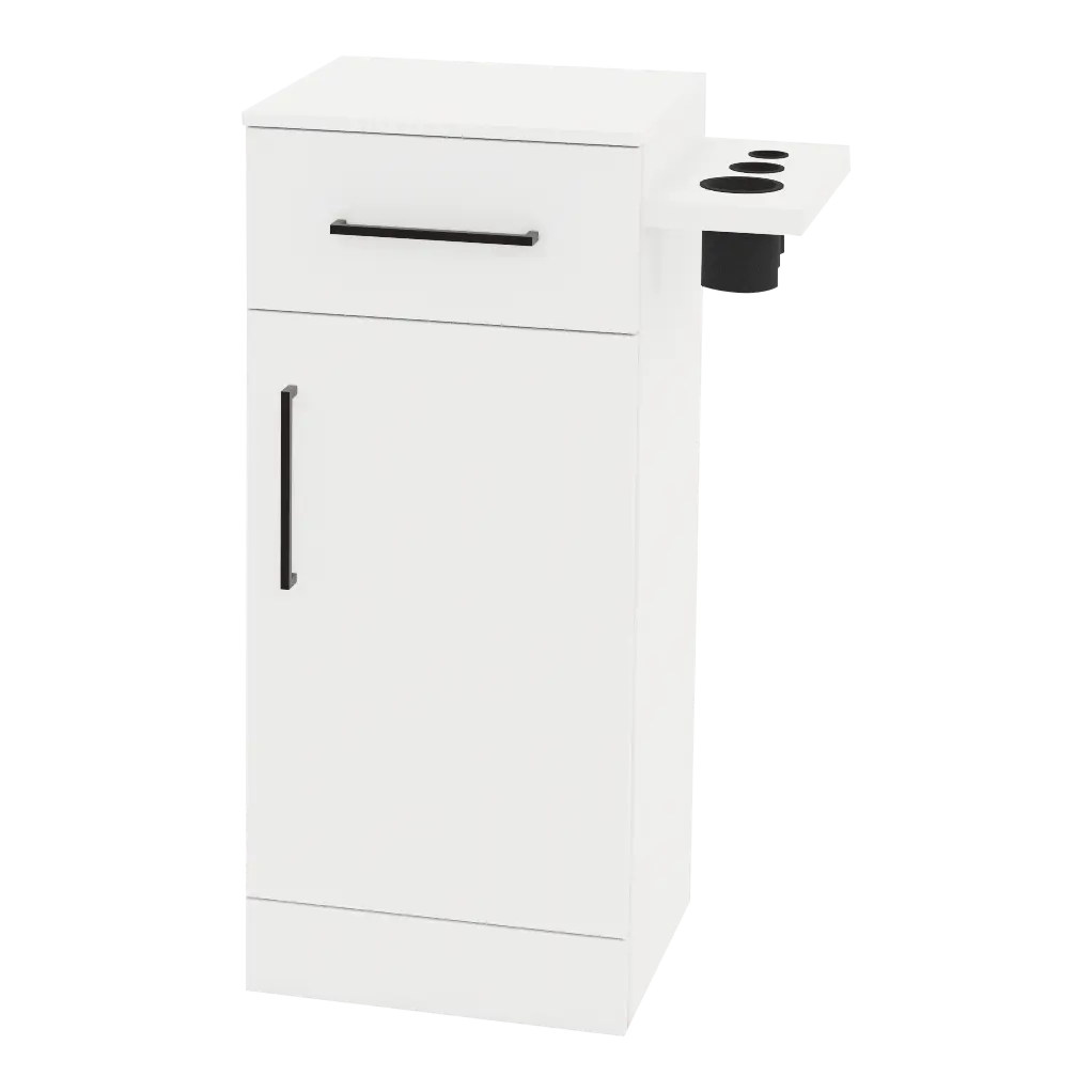 Nova Tower Free Standing Styling Station with Side-Mount Appliance Holder and Solid Surface Countertop (Cabinet Only)