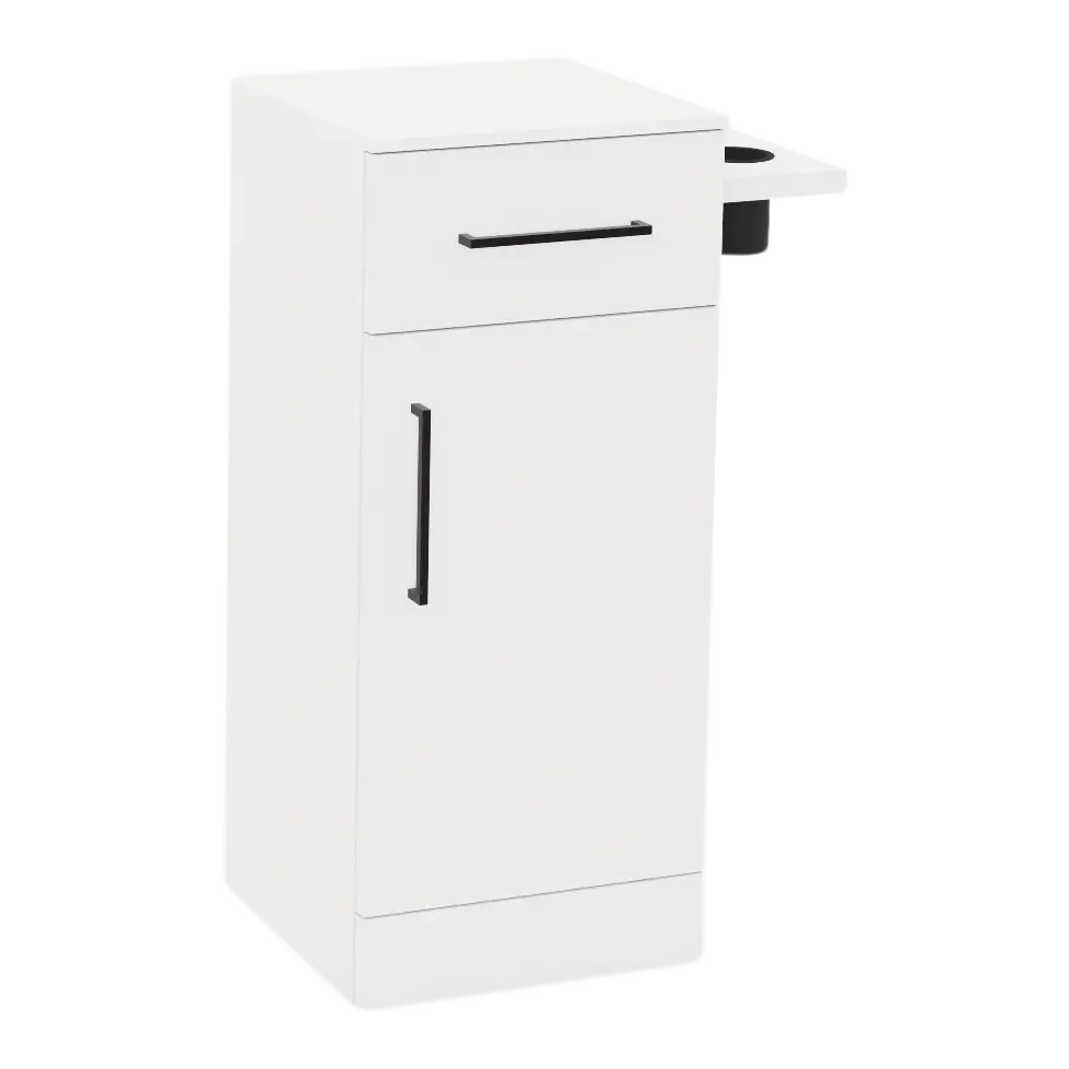 Nova Tower Free Standing Styling Station with Side-Mount Appliance Holder and Solid Surface Countertop (Cabinet Only)