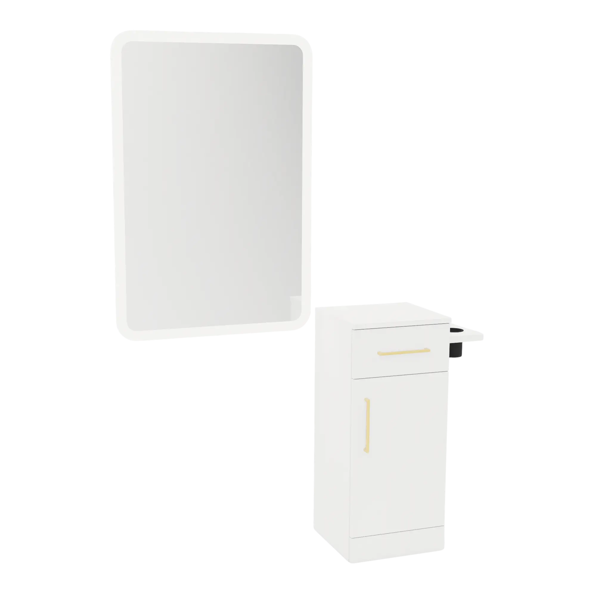 Nova Tower Free Standing Styling Station with Side-Mount Appliance Holder and White Rectangle Illuminate Back Lit Mirror