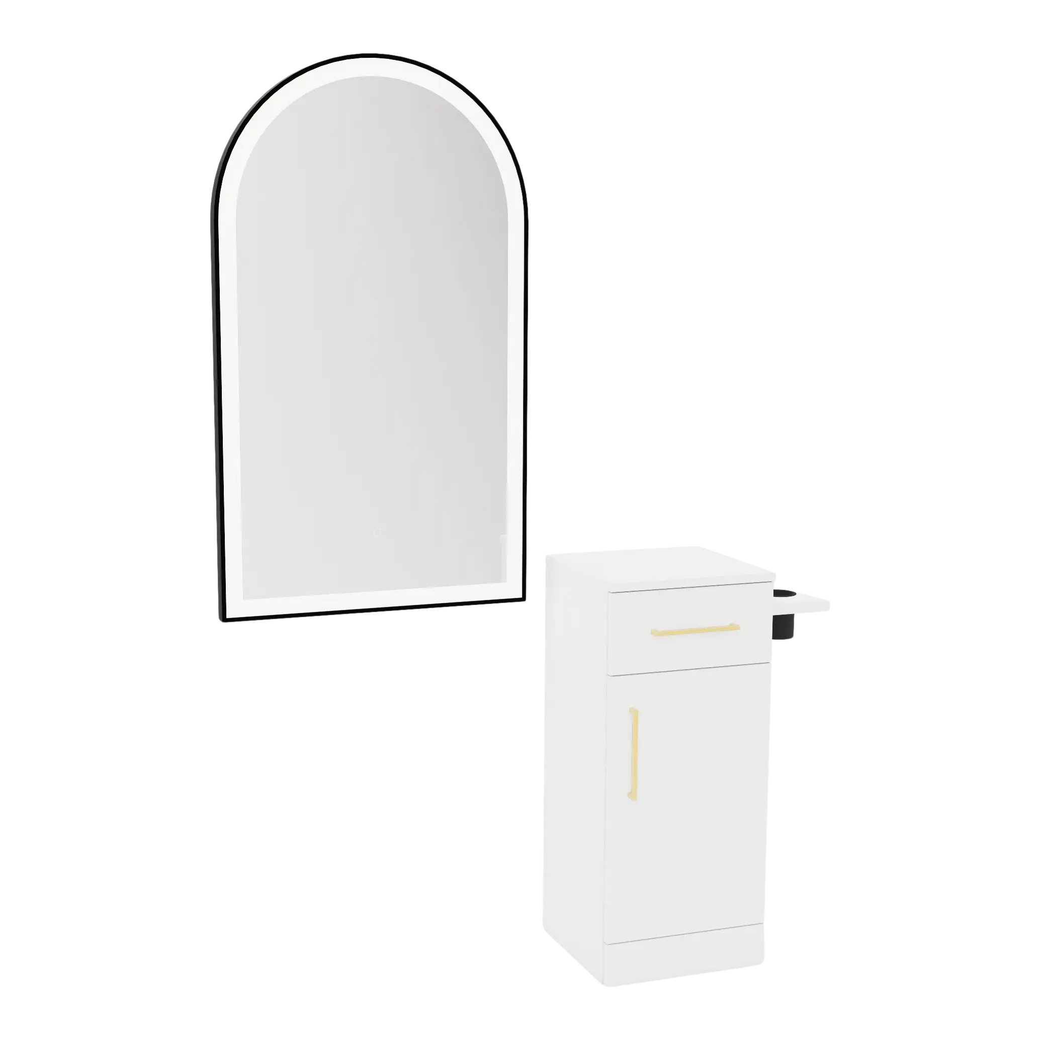 Nova Tower Free Standing Styling Station with Side-Mount Appliance Holder and Black Arch Paloma Mirror