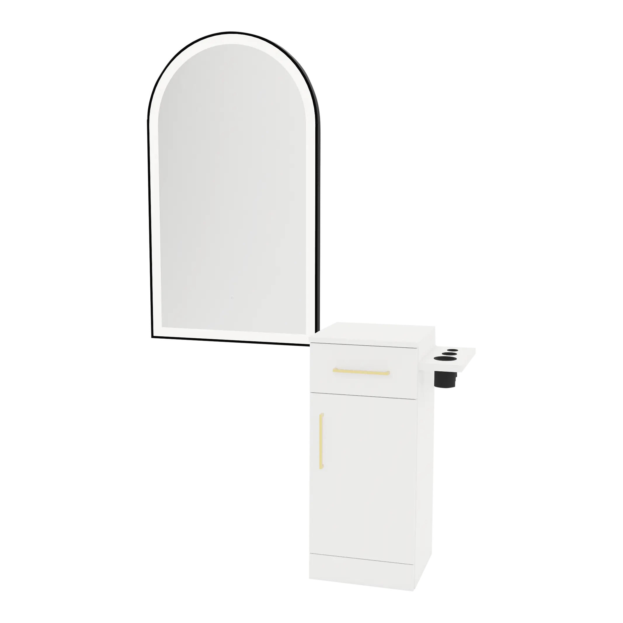 Nova Tower Free Standing Styling Station with Side-Mount Appliance Holder and Black Arch Paloma Mirror