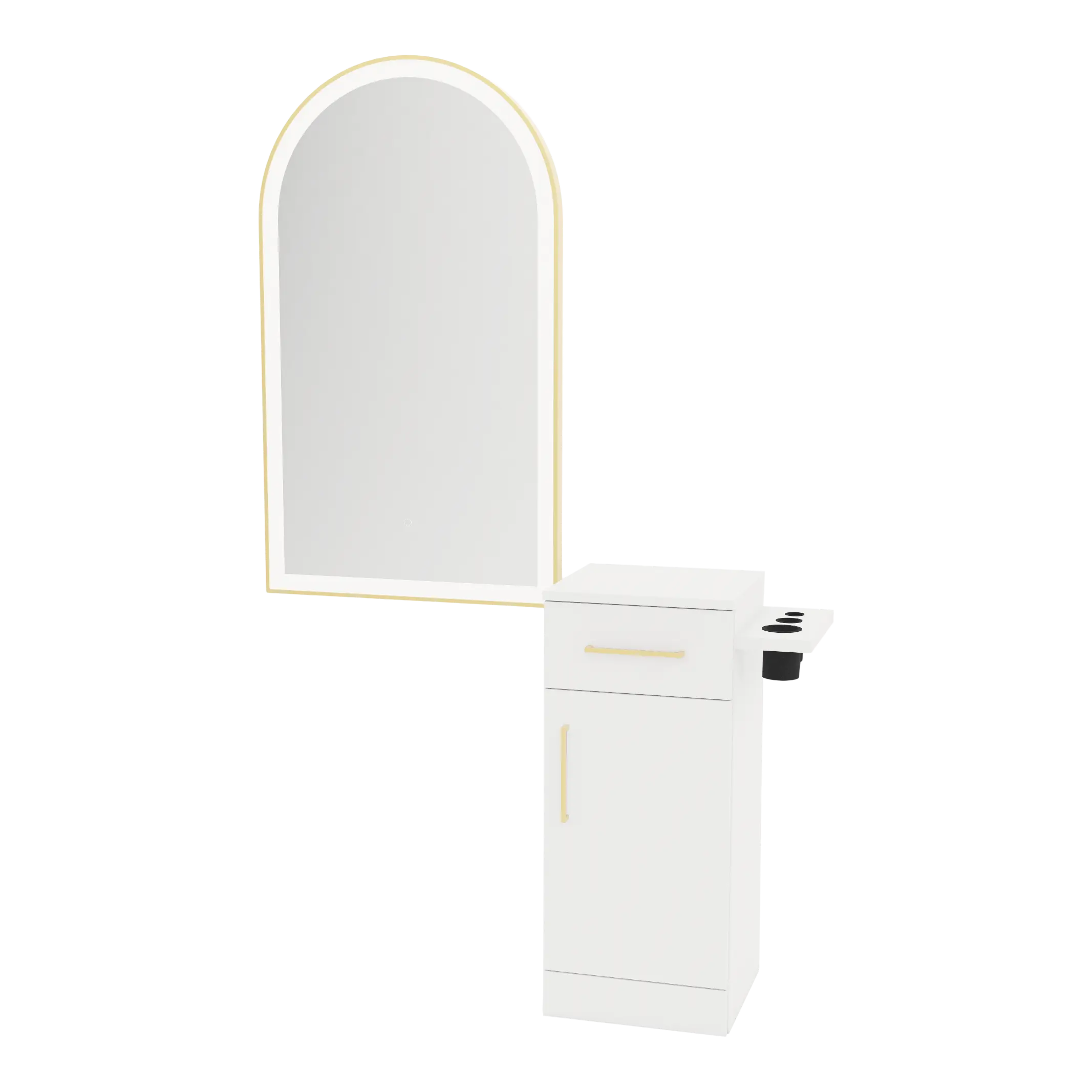 Nova Tower Free Standing Styling Station with Side-Mount Appliance Holder and Gold Arch Paloma Mirror