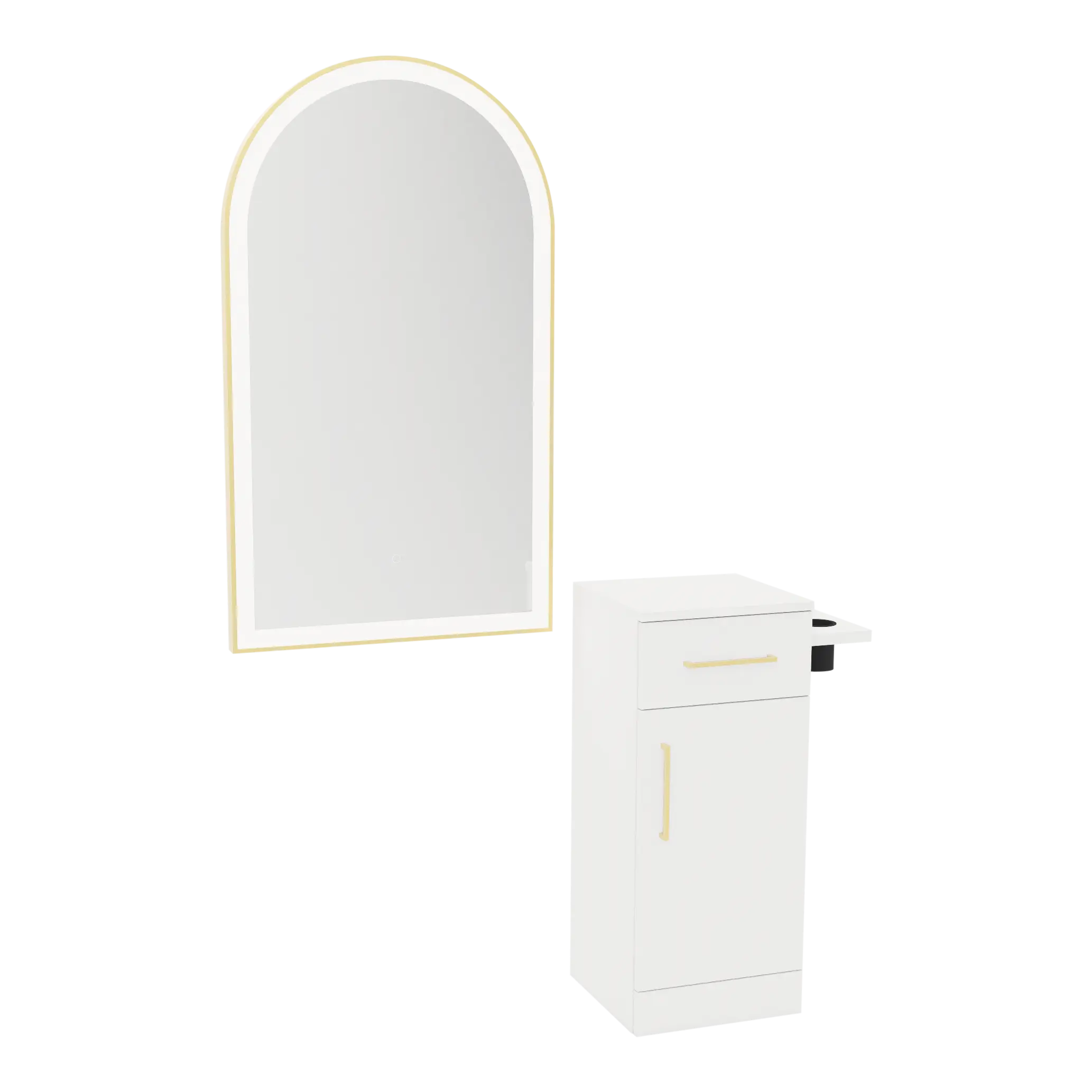 Nova Tower Free Standing Styling Station with Side-Mount Appliance Holder and Gold Arch Paloma Mirror