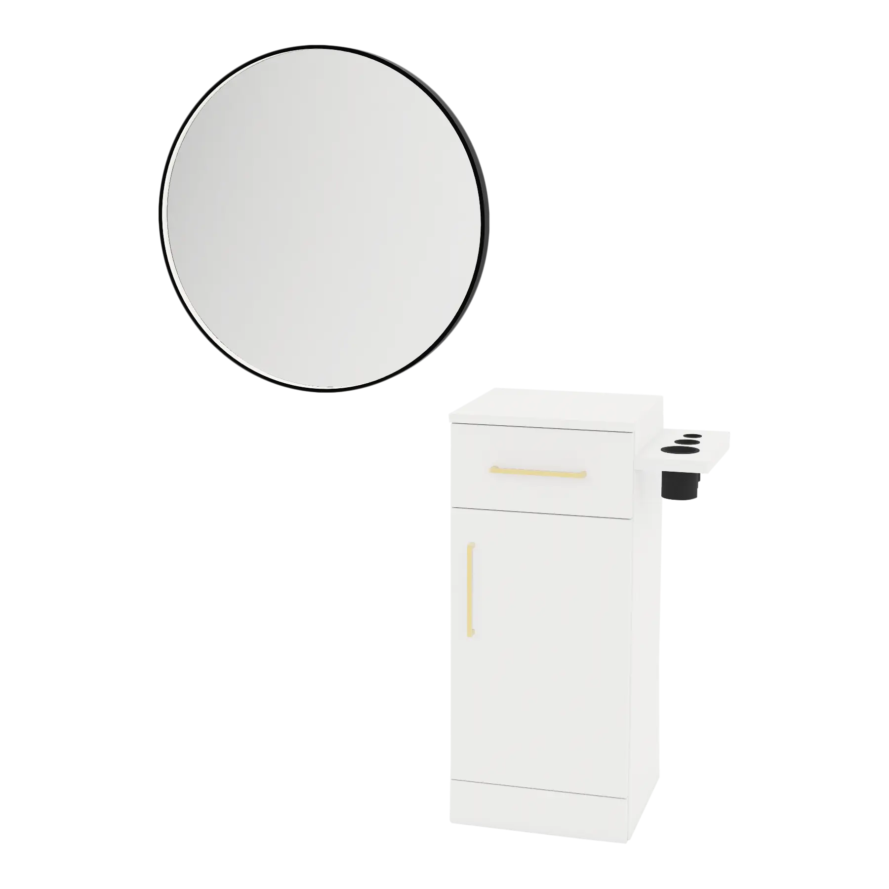 Nova Tower Free Standing Styling Station with Side-Mount Appliance Holder and Black Round Westin Mirror