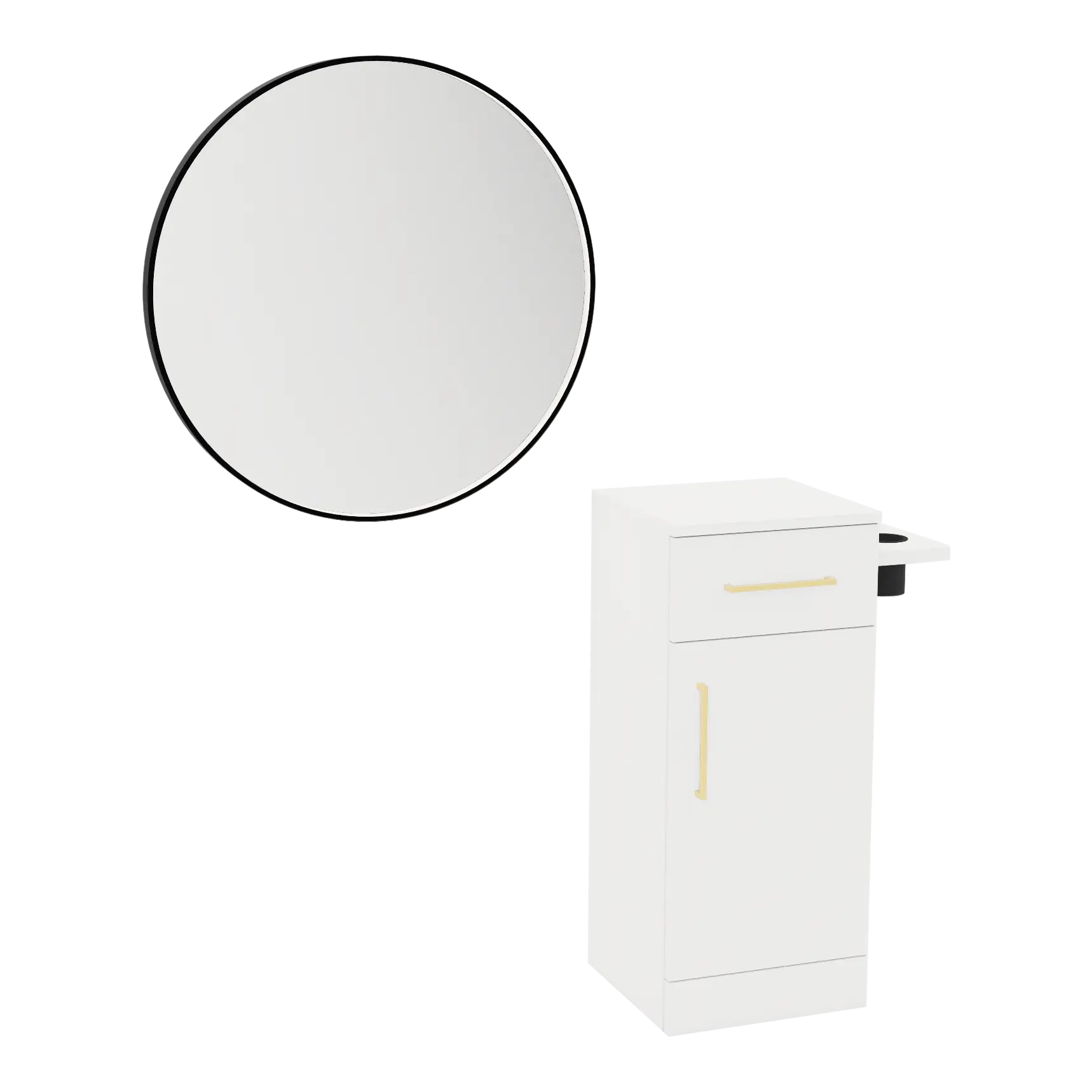 Nova Tower Free Standing Styling Station with Side-Mount Appliance Holder and Black Round Westin Mirror