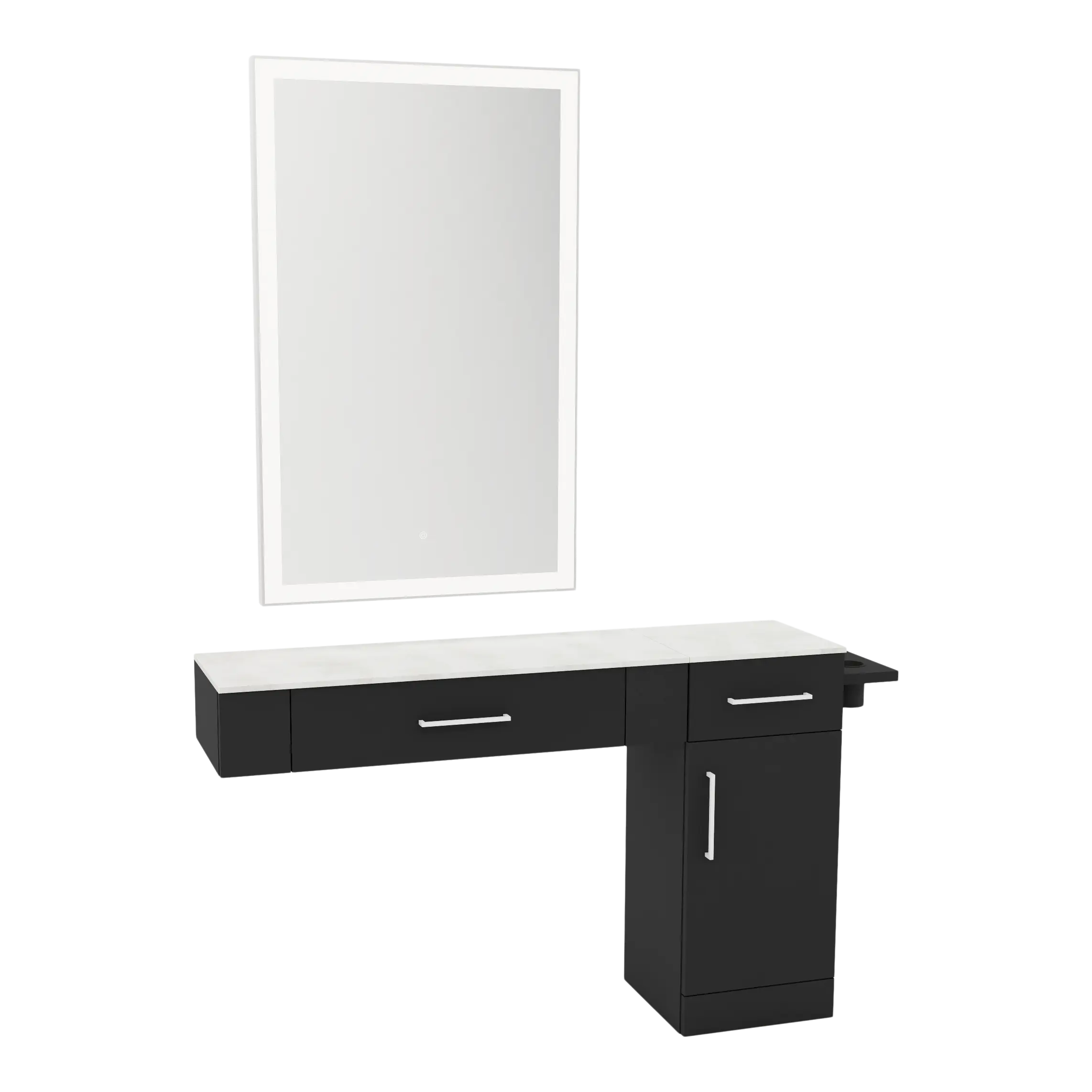 Nova Combo Wall Mount Styling Station with Side-Mount Appliance Holder, Solid Surface Countertop, and Silver Rectangle Glo Mirror