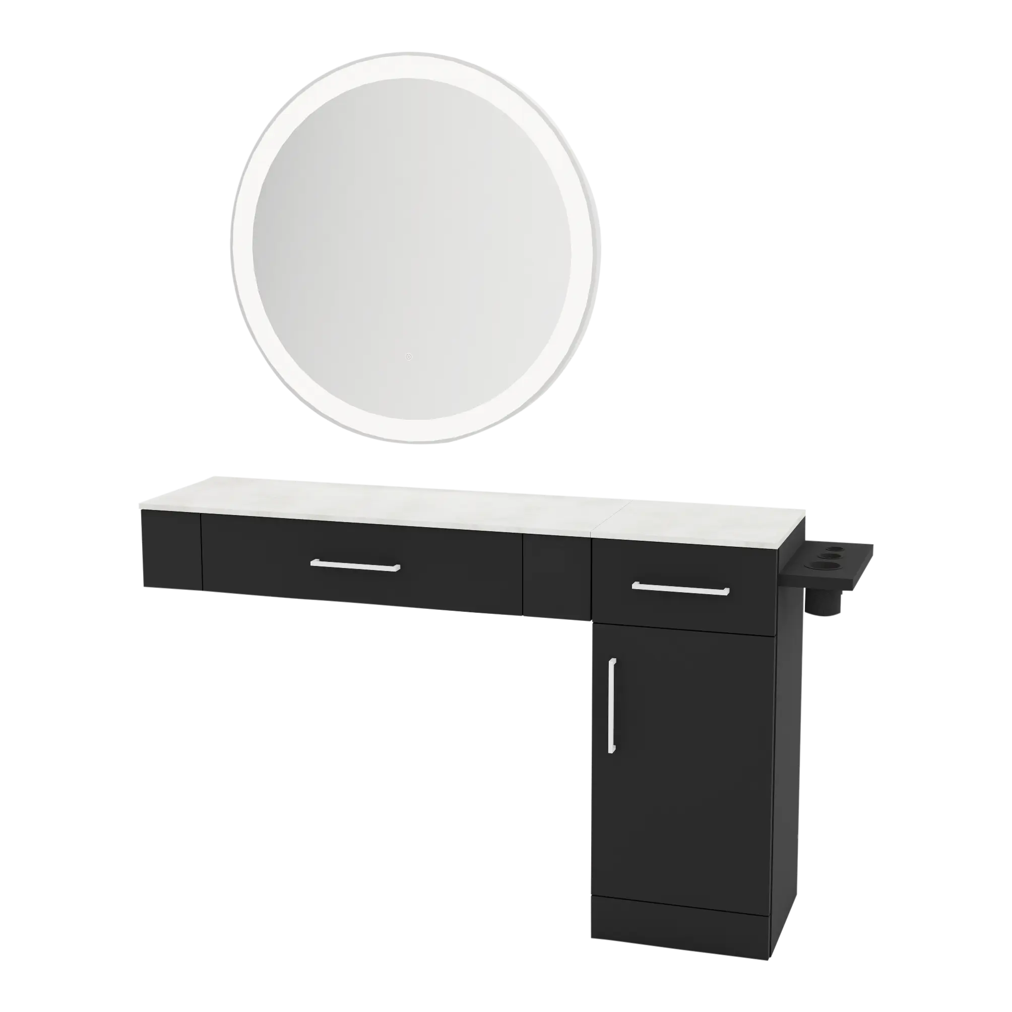 Nova Combo Wall Mount Styling Station with Side-Mount Appliance Holder, Solid Surface Countertop, and Silver Round Glo Mirror