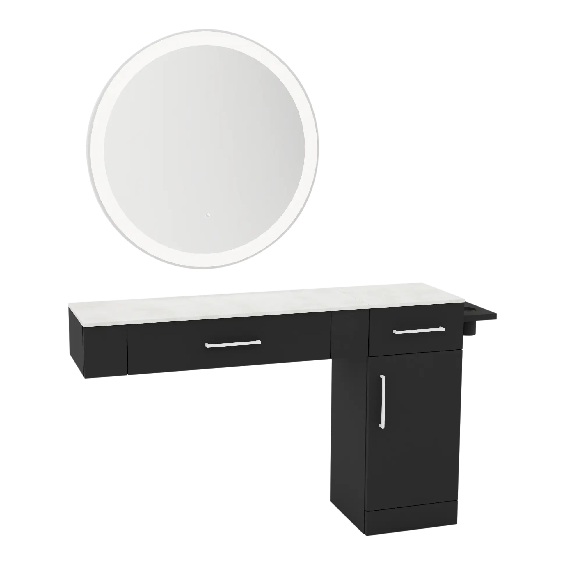 Nova Combo Wall Mount Styling Station with Side-Mount Appliance Holder, Solid Surface Countertop, and Silver Round Glo Mirror