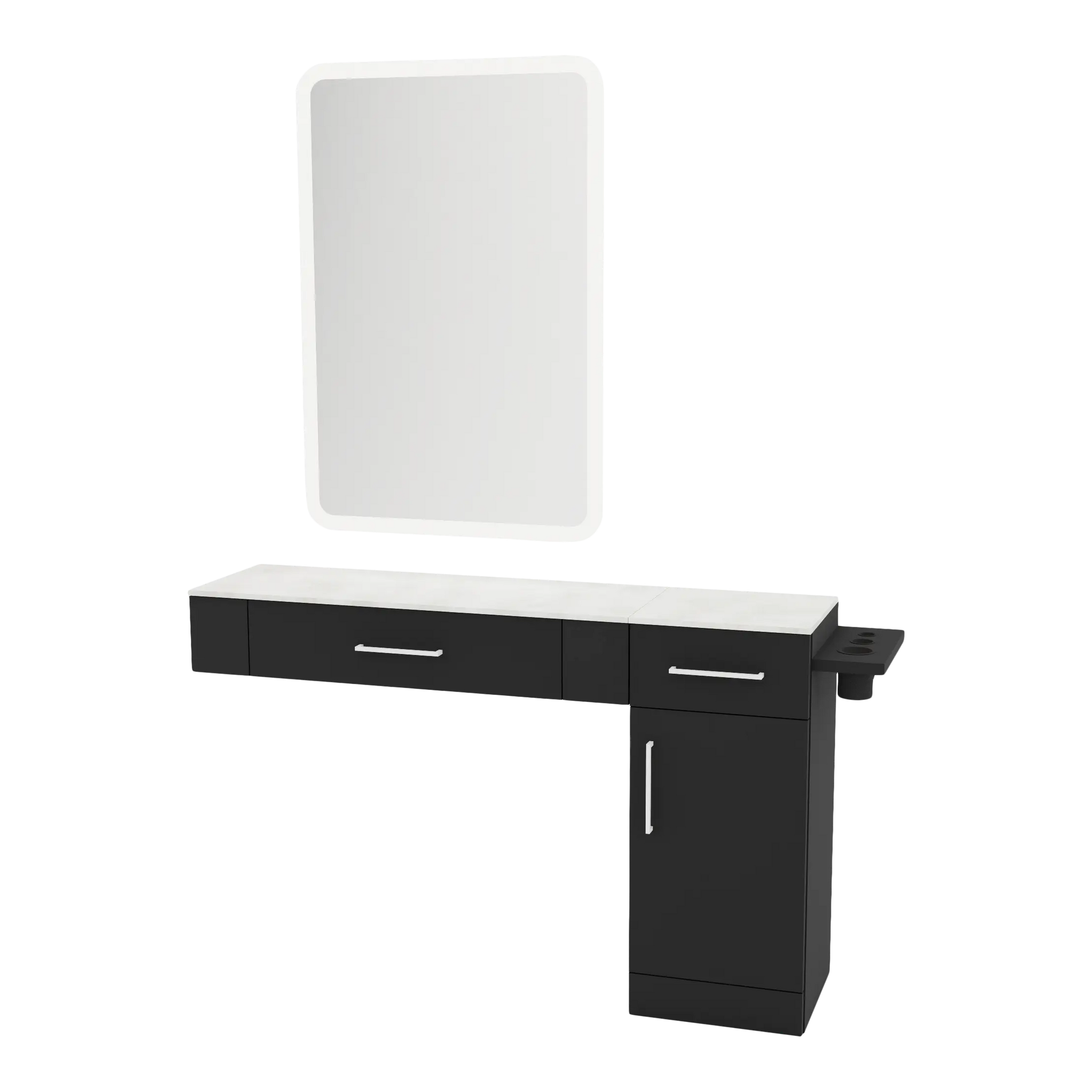 Nova Combo Wall Mount Styling Station with Side-Mount Appliance Holder, Solid Surface Countertop, and White Rectangle Illuminate Back Lit Mirror