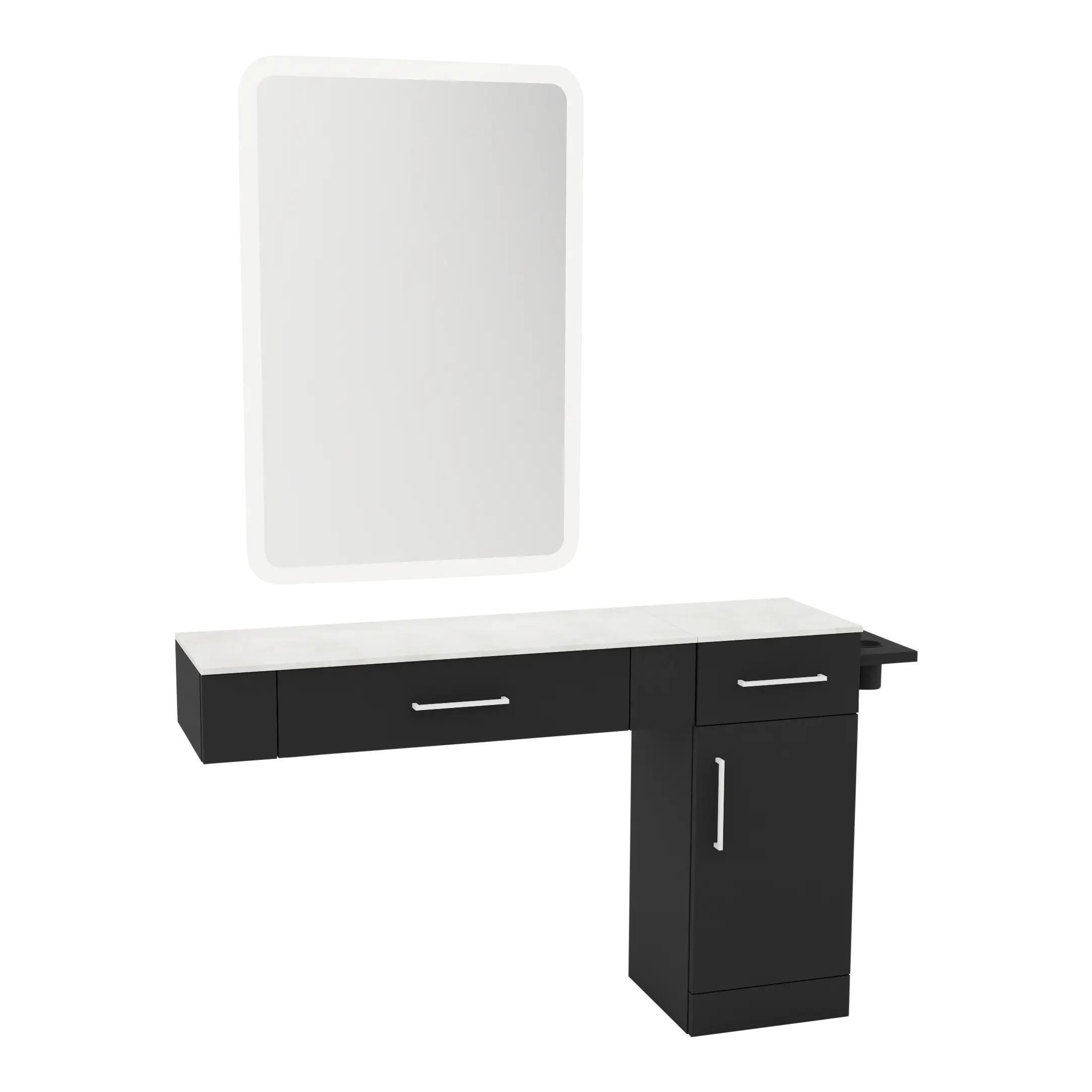Nova Combo Wall Mount Styling Station with Side-Mount Appliance Holder, Solid Surface Countertop, and White Rectangle Illuminate Back Lit Mirror