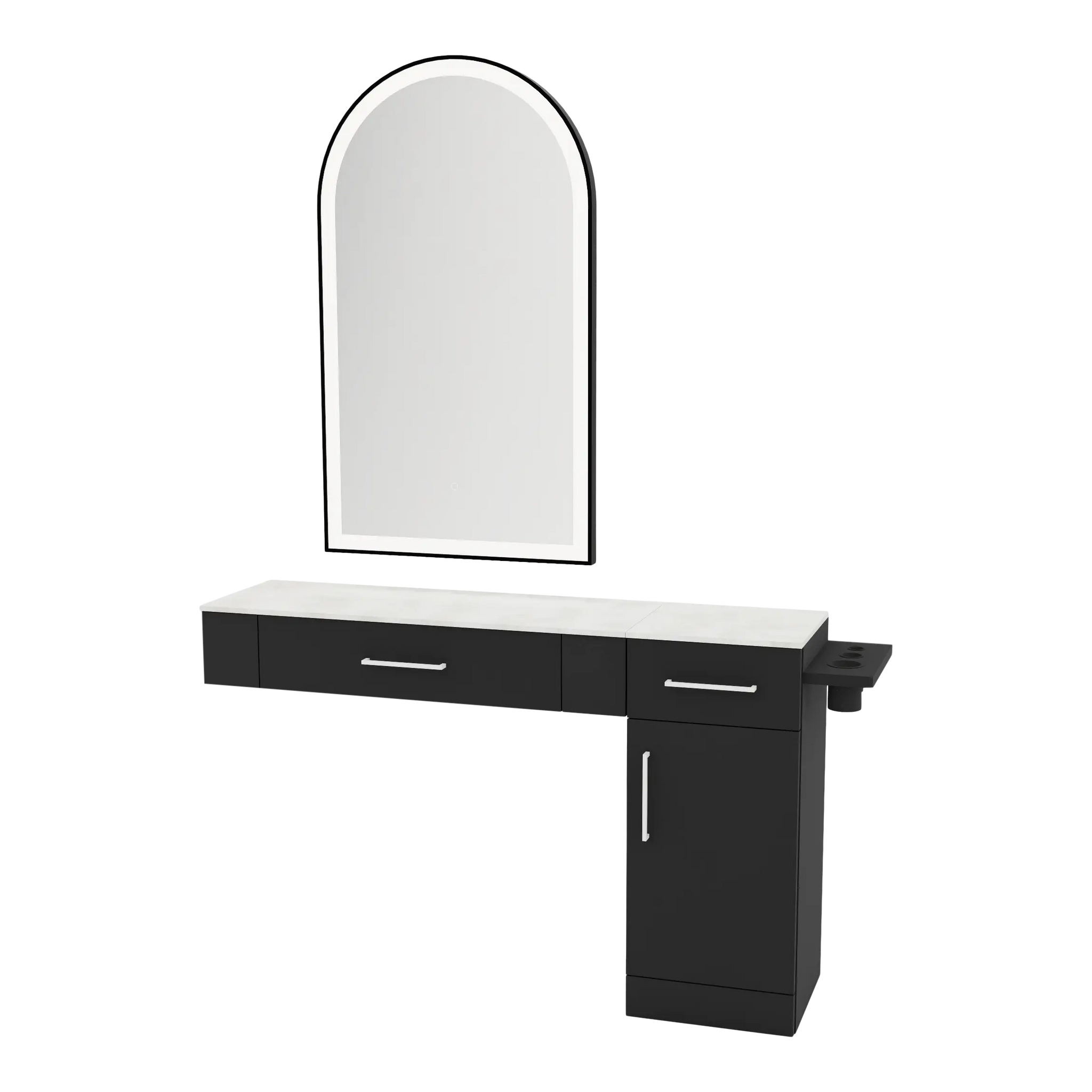 Nova Combo Wall Mount Styling Station with Side-Mount Appliance Holder, Solid Surface Countertop, and Black Arch Paloma Mirror