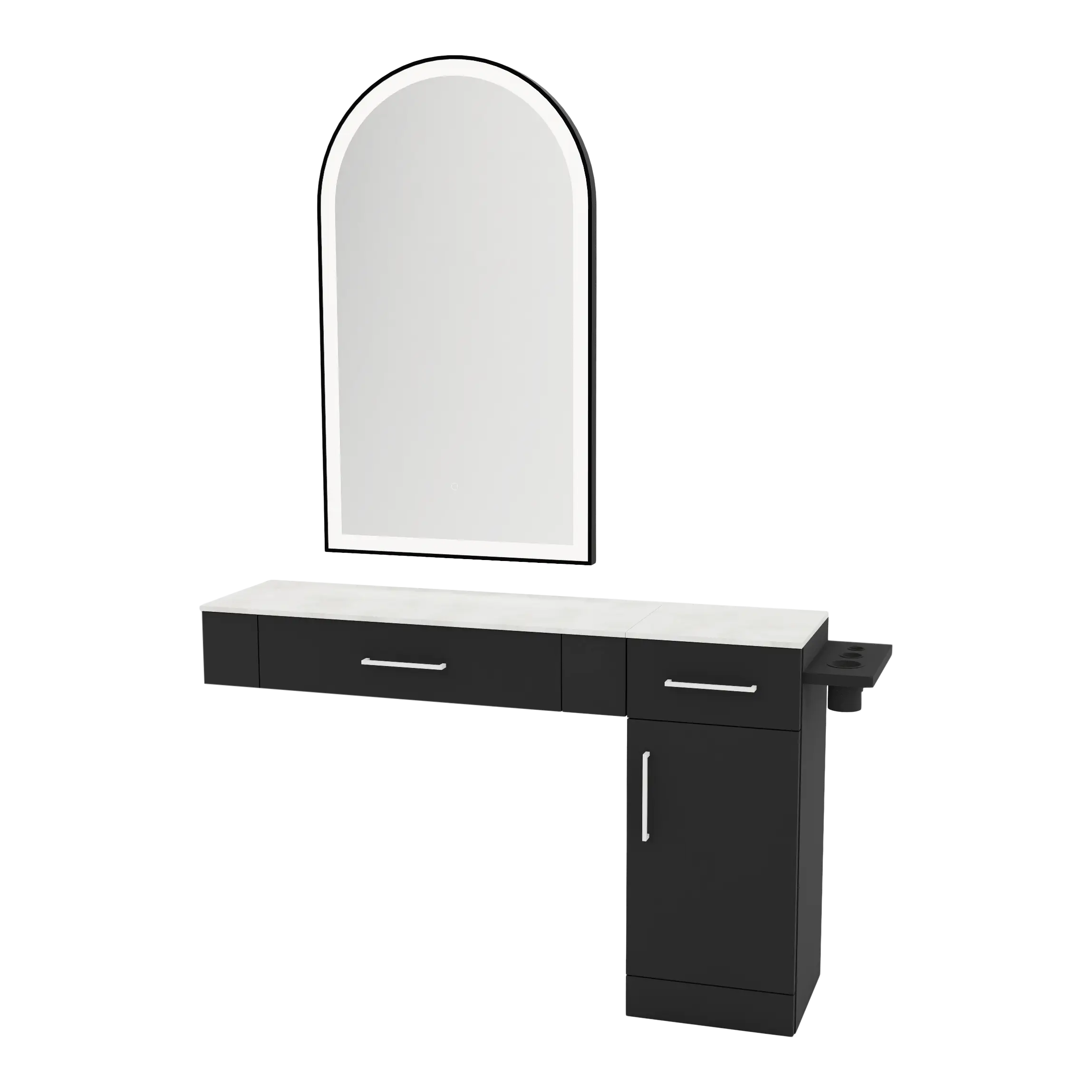 Nova Combo Wall Mount Styling Station with Side-Mount Appliance Holder, Solid Surface Countertop, and Black Arch Paloma Mirror