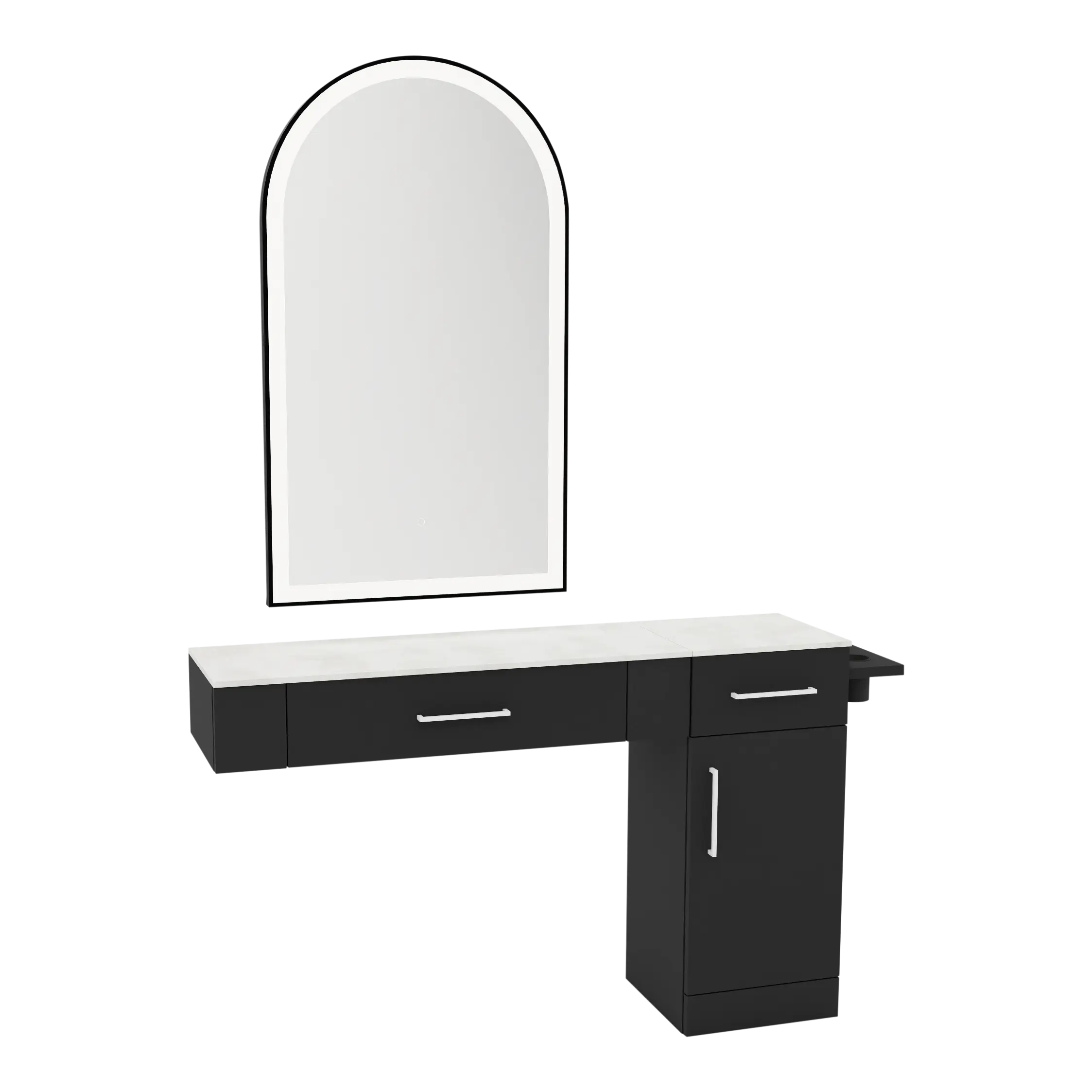 Nova Combo Wall Mount Styling Station with Side-Mount Appliance Holder, Solid Surface Countertop, and Black Arch Paloma Mirror