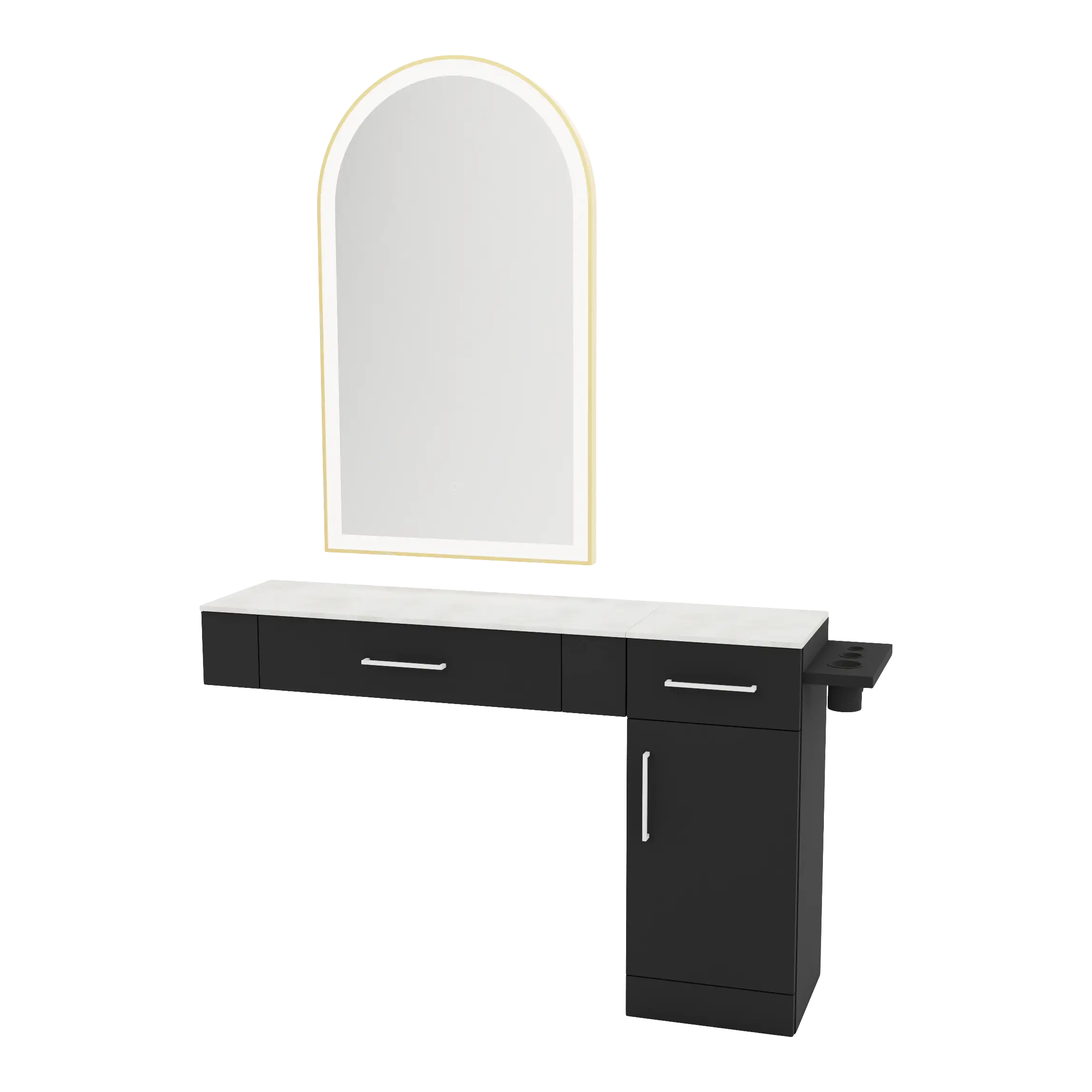 Nova Combo Wall Mount Styling Station with Side-Mount Appliance Holder, Solid Surface Countertop, and Gold Arch Paloma Mirror