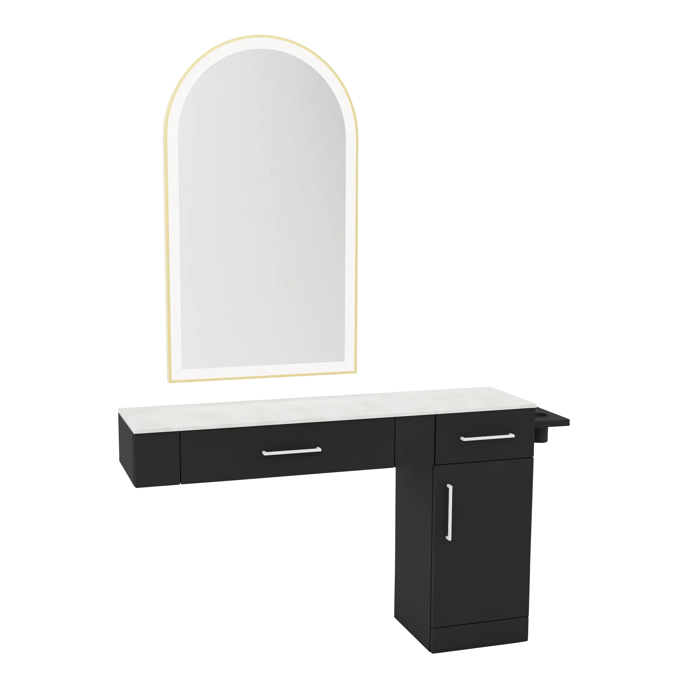 Nova Combo Wall Mount Styling Station with Side-Mount Appliance Holder, Solid Surface Countertop, and Gold Arch Paloma Mirror