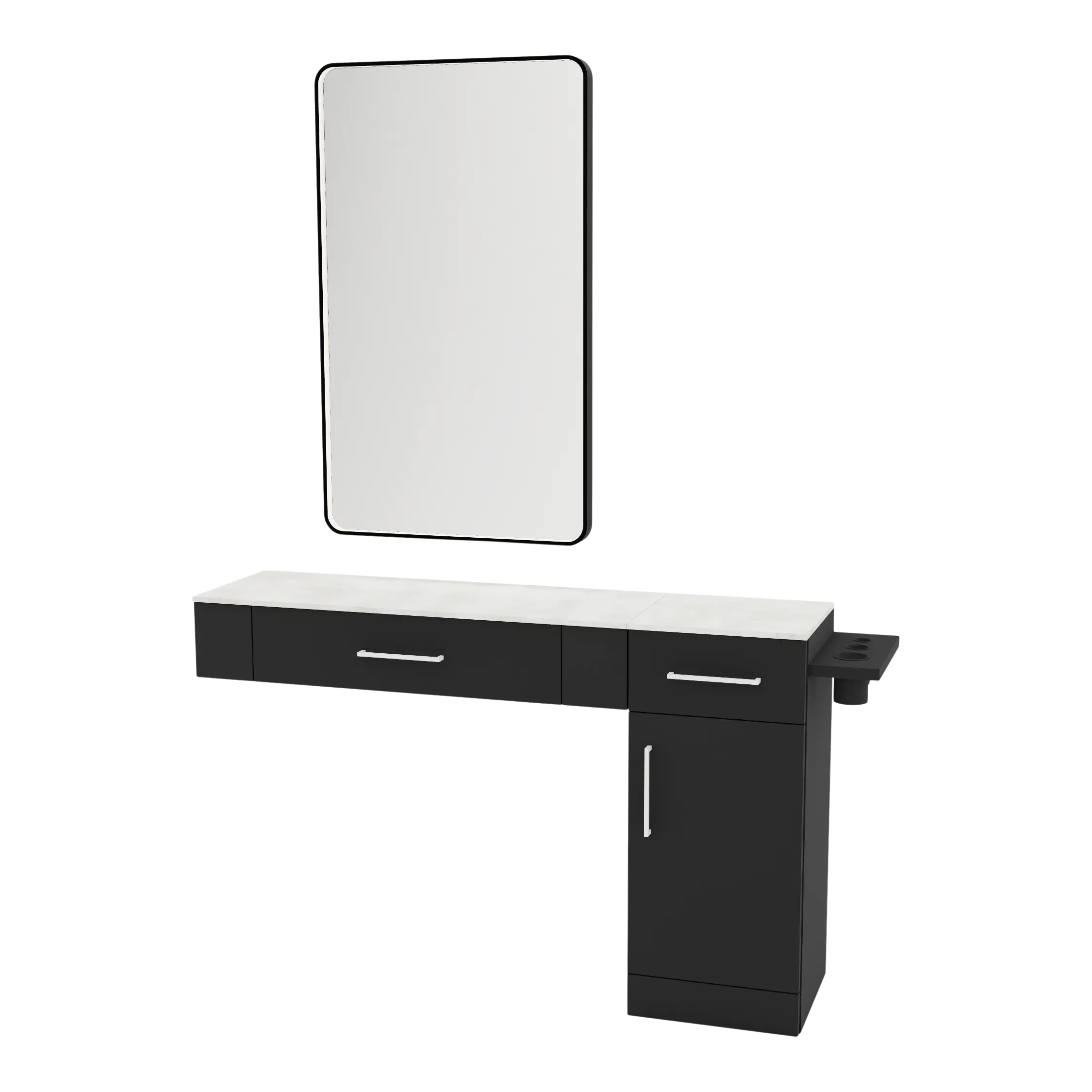Nova Combo Wall Mount Styling Station with Side-Mount Appliance Holder, Solid Surface Countertop, and Black Rectangle Westin Mirror