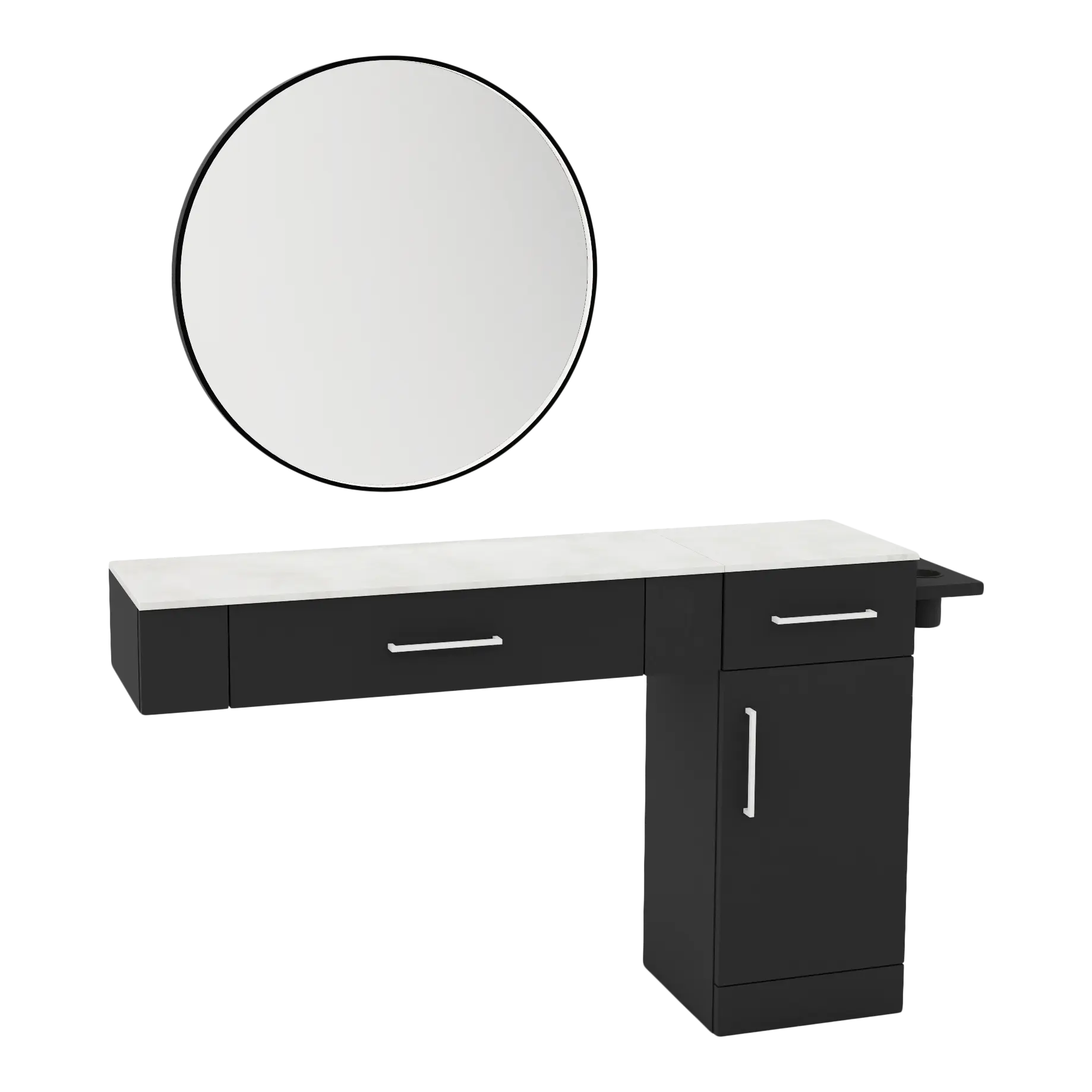 Nova Combo Wall Mount Styling Station with Side-Mount Appliance Holder, Solid Surface Countertop, and Black Round Westin Mirror