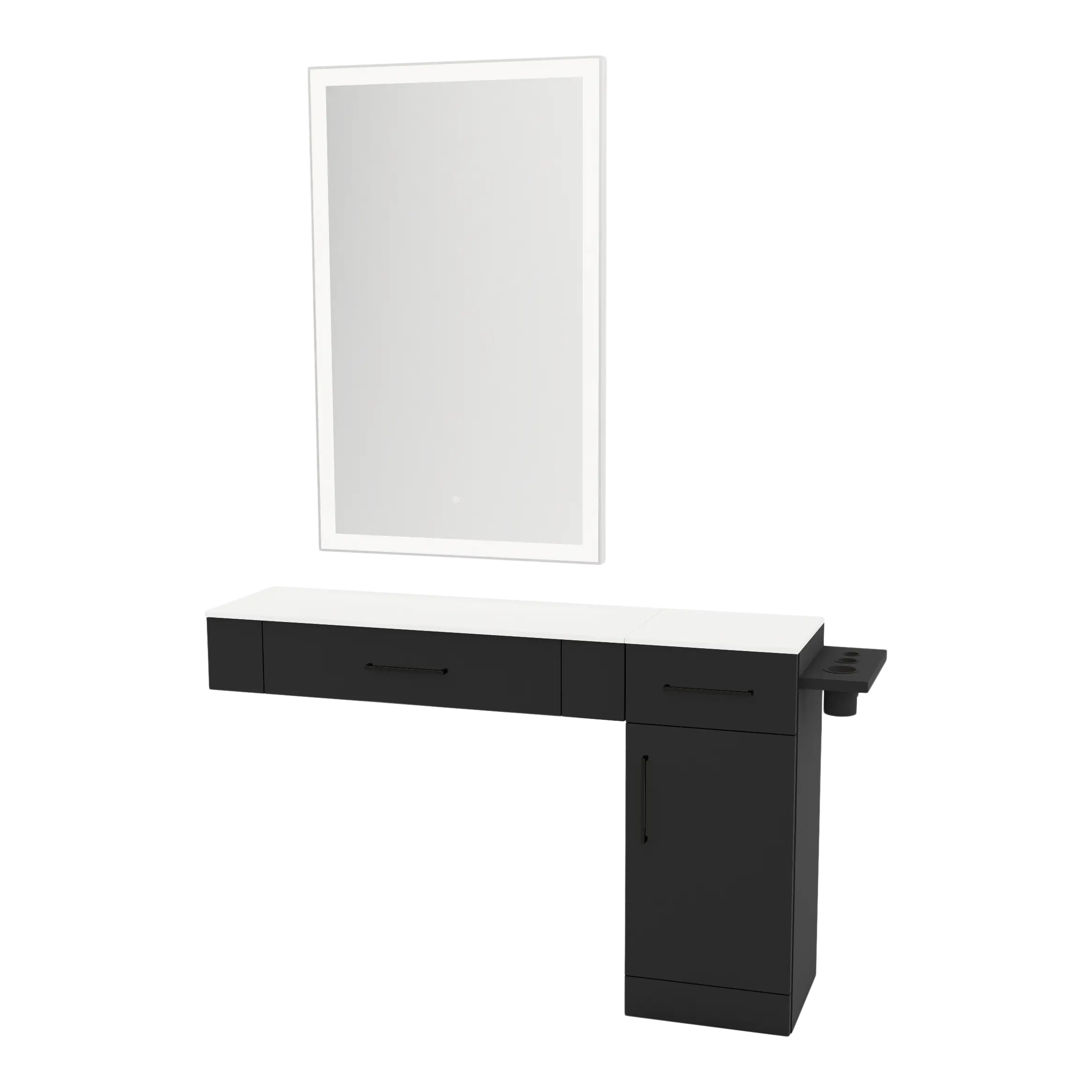 Nova Combo Wall Mount Styling Station with Side-Mount Appliance Holder, Solid Surface Countertop, and Silver Rectangle Glo Mirror