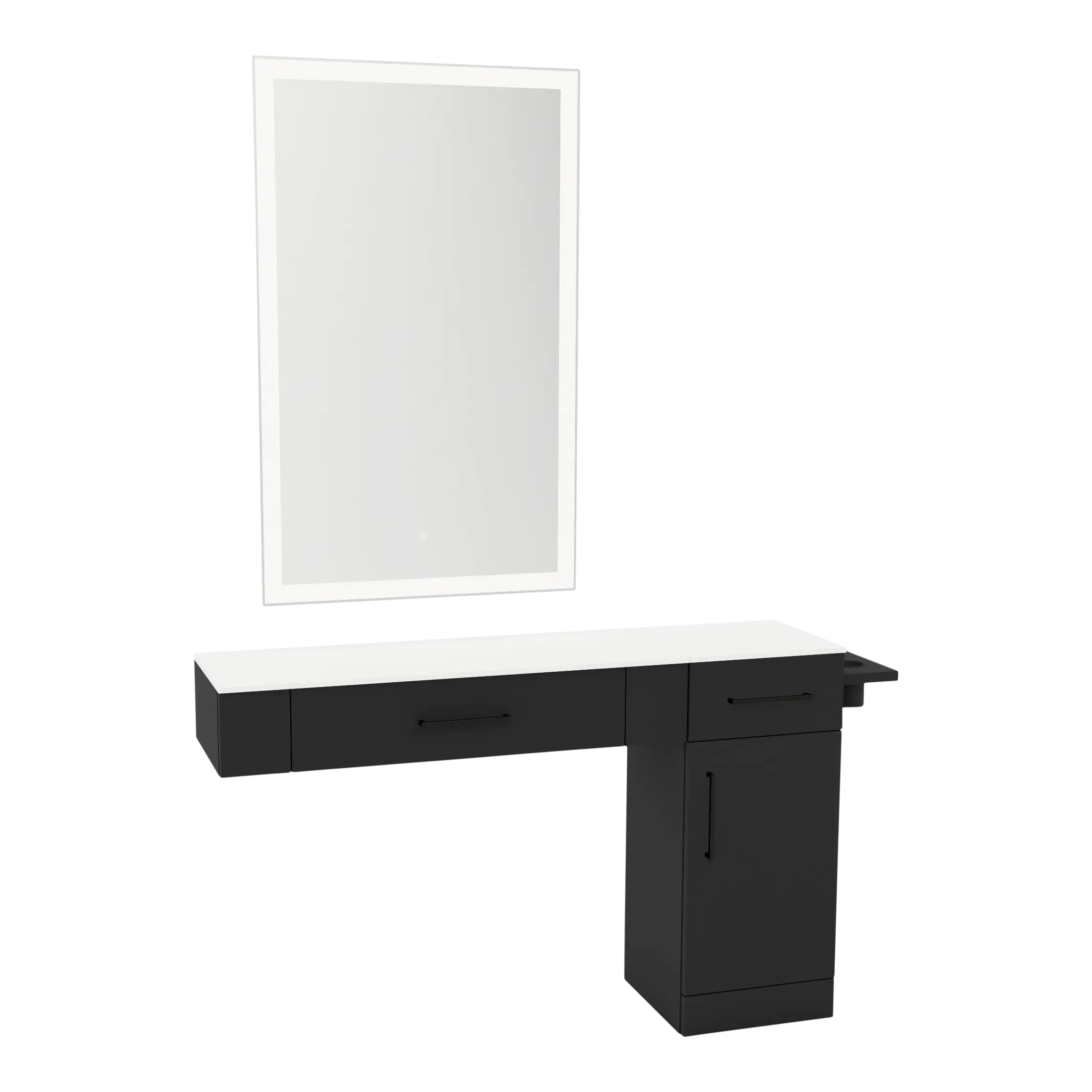 Nova Combo Wall Mount Styling Station with Side-Mount Appliance Holder, Solid Surface Countertop, and Silver Rectangle Glo Mirror