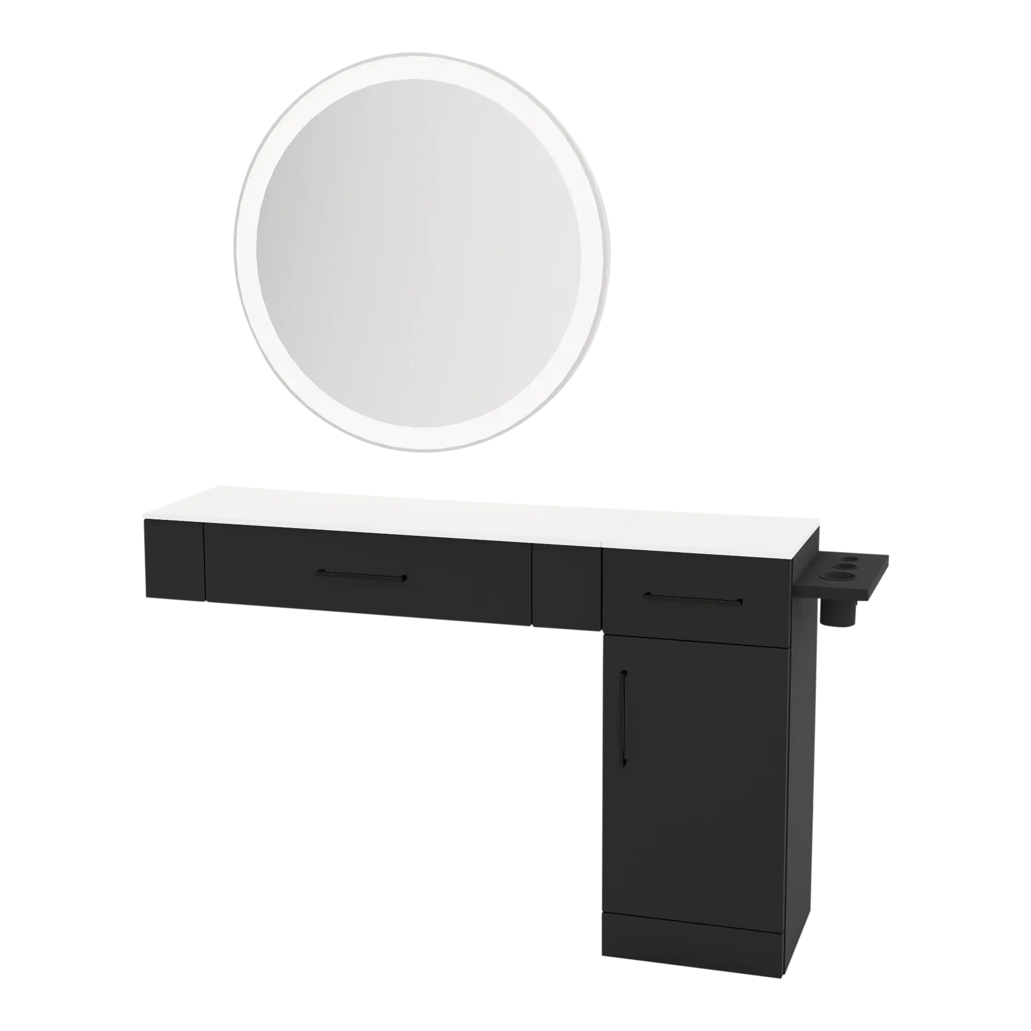 Nova Combo Wall Mount Styling Station with Side-Mount Appliance Holder, Solid Surface Countertop, and Silver Round Glo Mirror