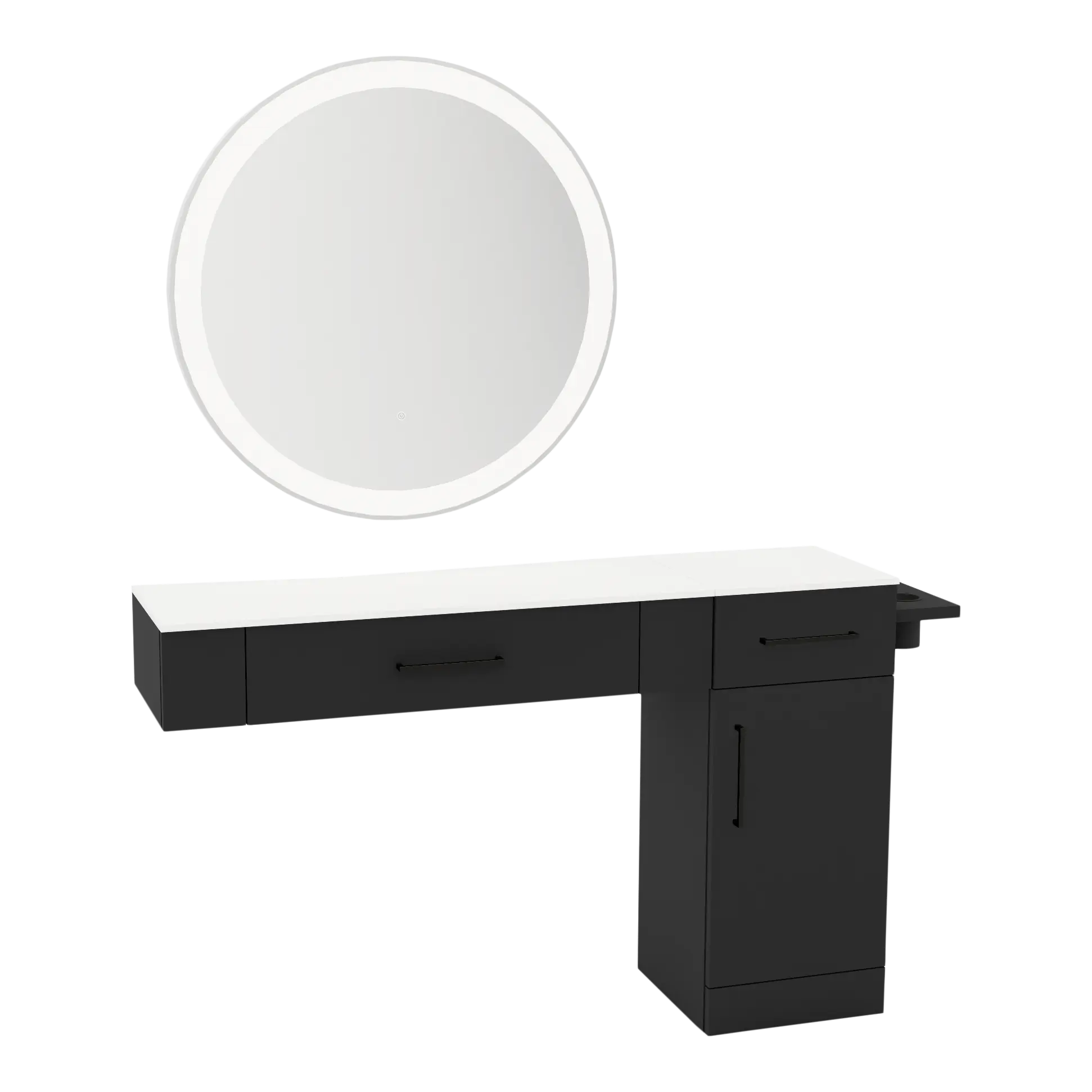 Nova Combo Wall Mount Styling Station with Side-Mount Appliance Holder, Solid Surface Countertop, and Silver Round Glo Mirror