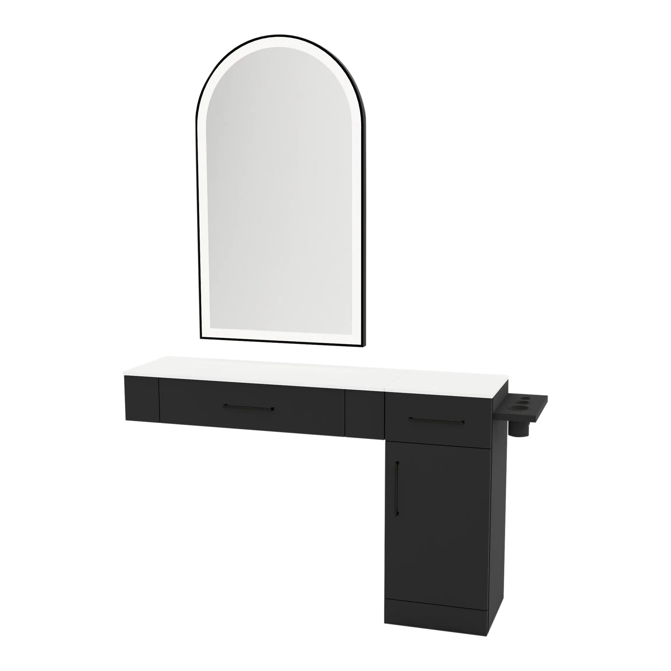 Nova Combo Wall Mount Styling Station with Side-Mount Appliance Holder, Solid Surface Countertop, and Black Arch Paloma Mirror