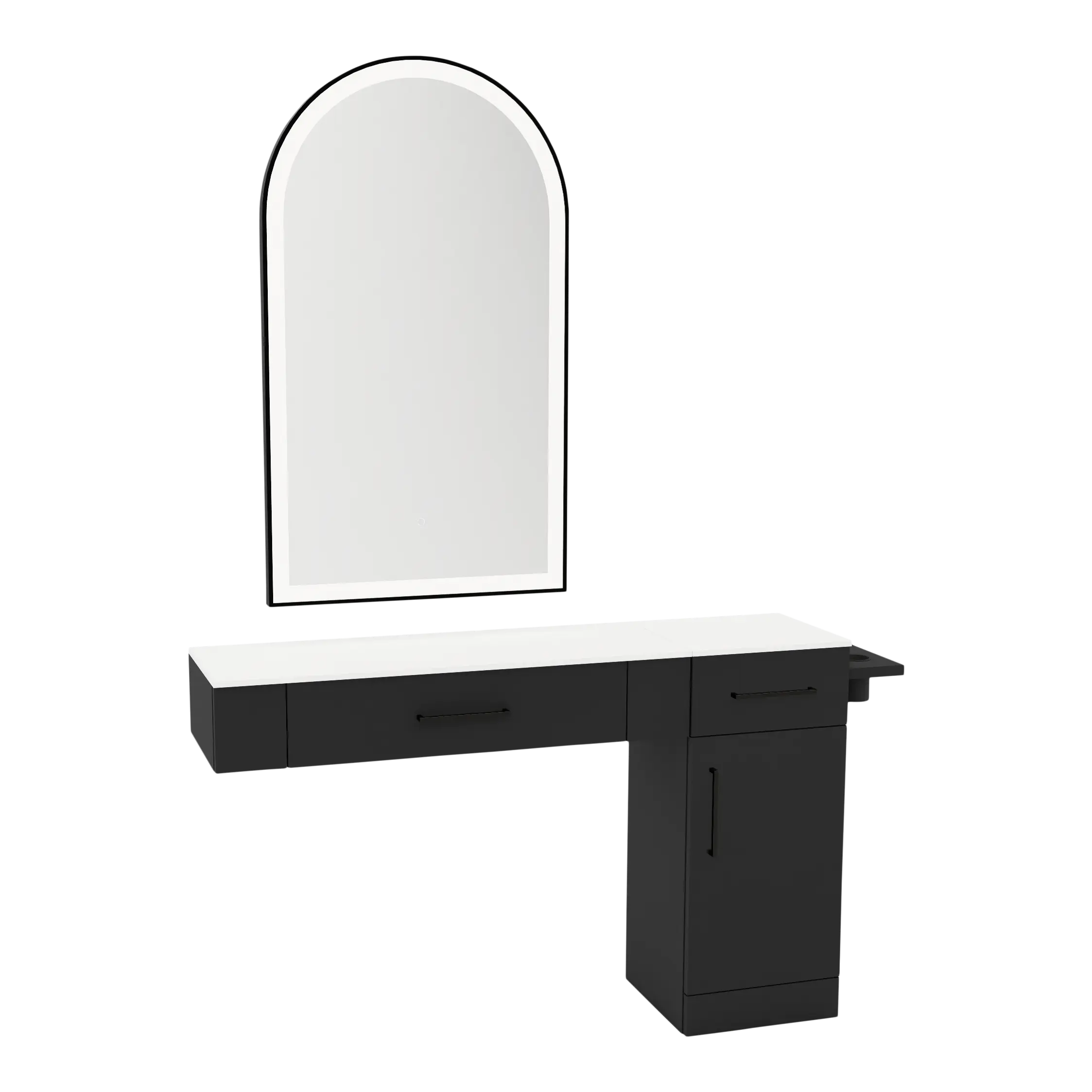 Nova Combo Wall Mount Styling Station with Side-Mount Appliance Holder, Solid Surface Countertop, and Black Arch Paloma Mirror