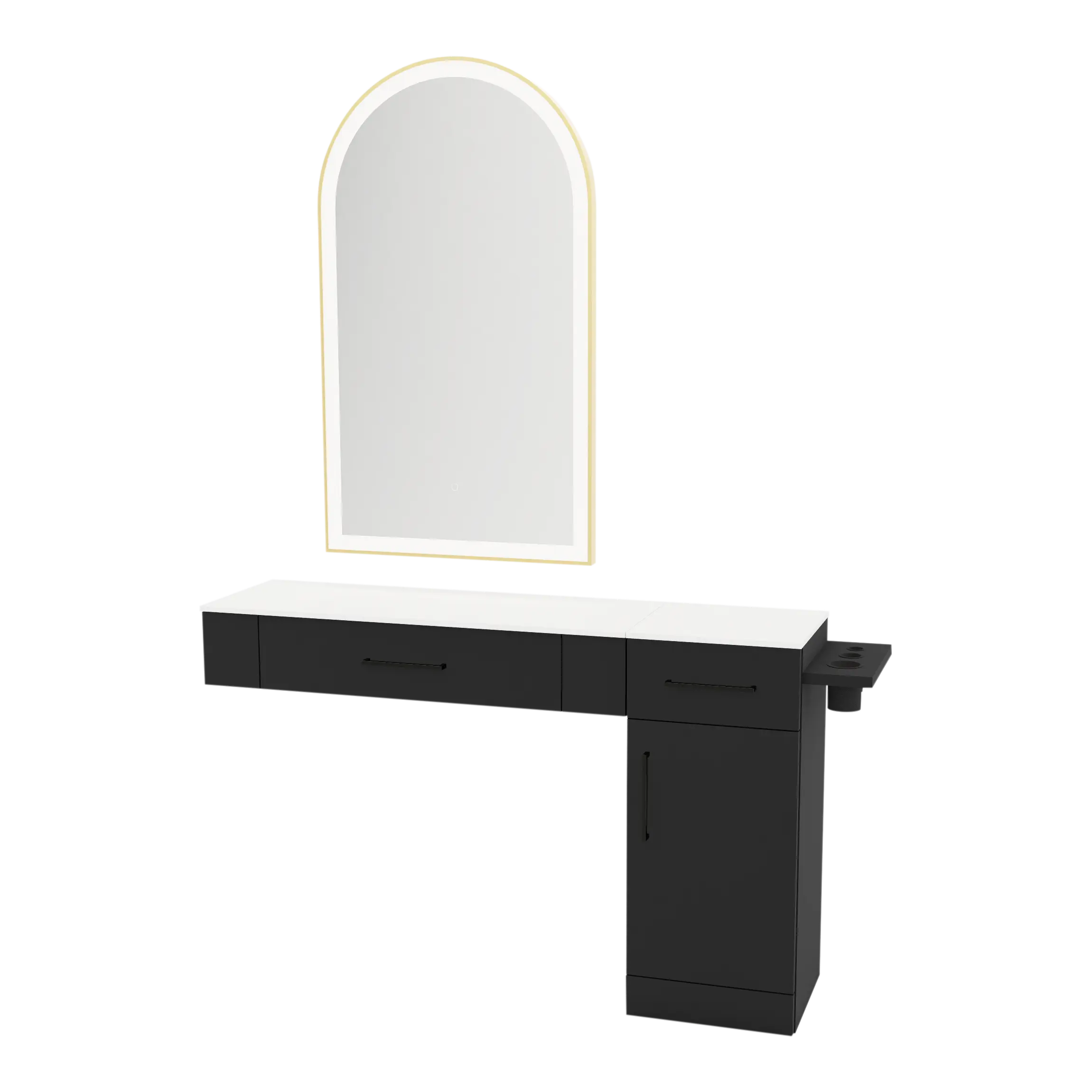 Nova Combo Wall Mount Styling Station with Side-Mount Appliance Holder, Solid Surface Countertop, and Gold Arch Paloma Mirror
