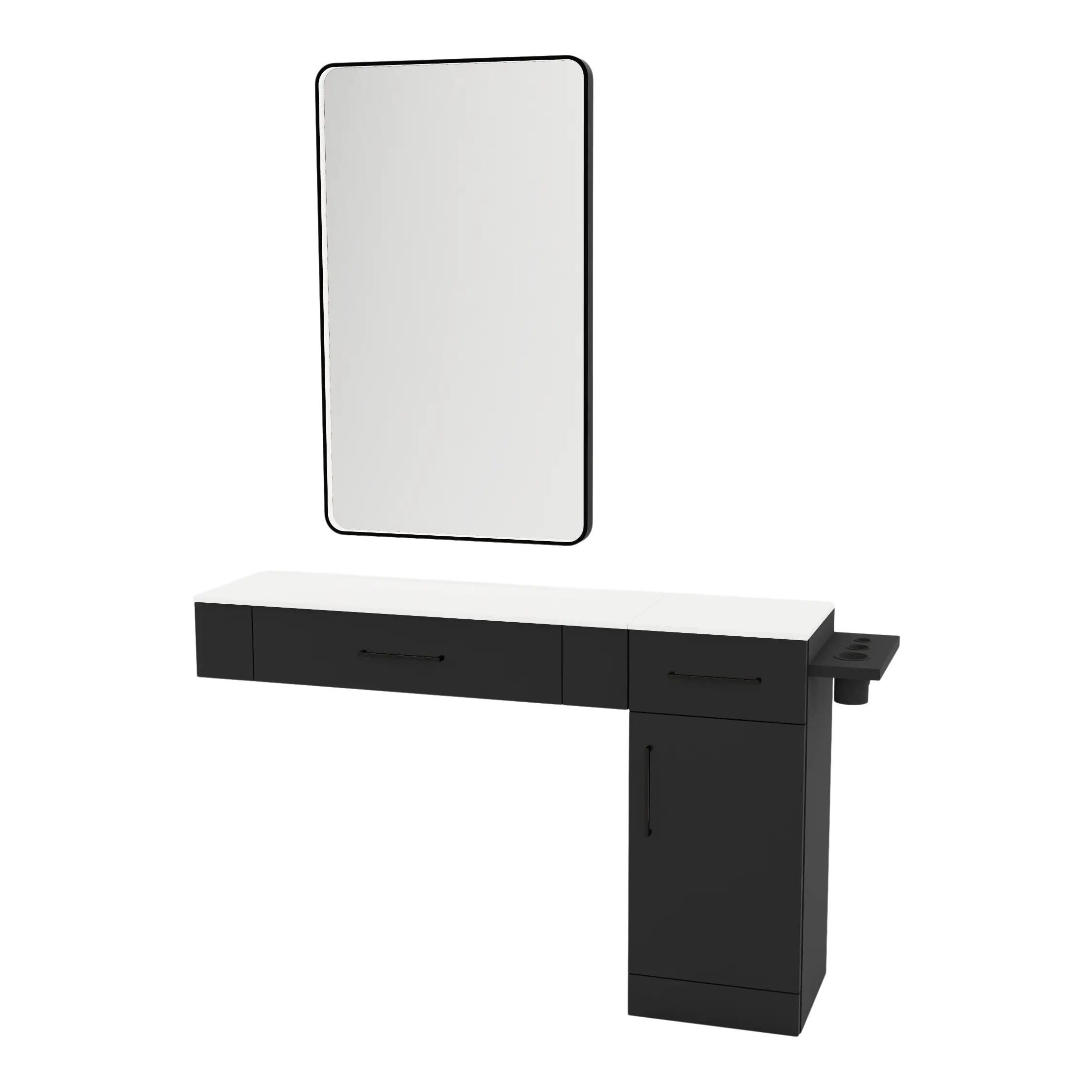 Nova Combo Wall Mount Styling Station with Side-Mount Appliance Holder, Solid Surface Countertop, and Black Rectangle Westin Mirror
