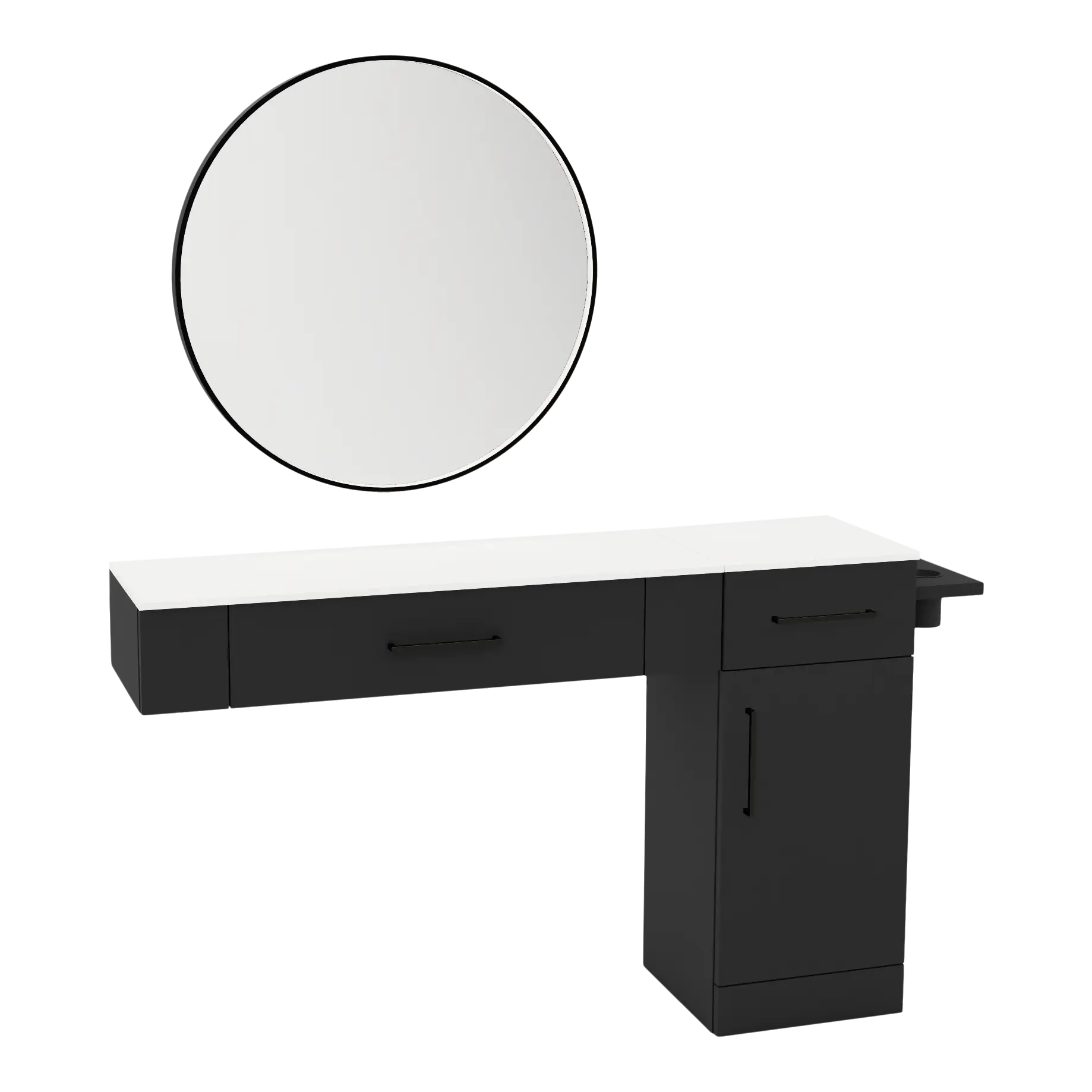 Nova Combo Wall Mount Styling Station with Side-Mount Appliance Holder, Solid Surface Countertop, and Black Round Westin Mirror