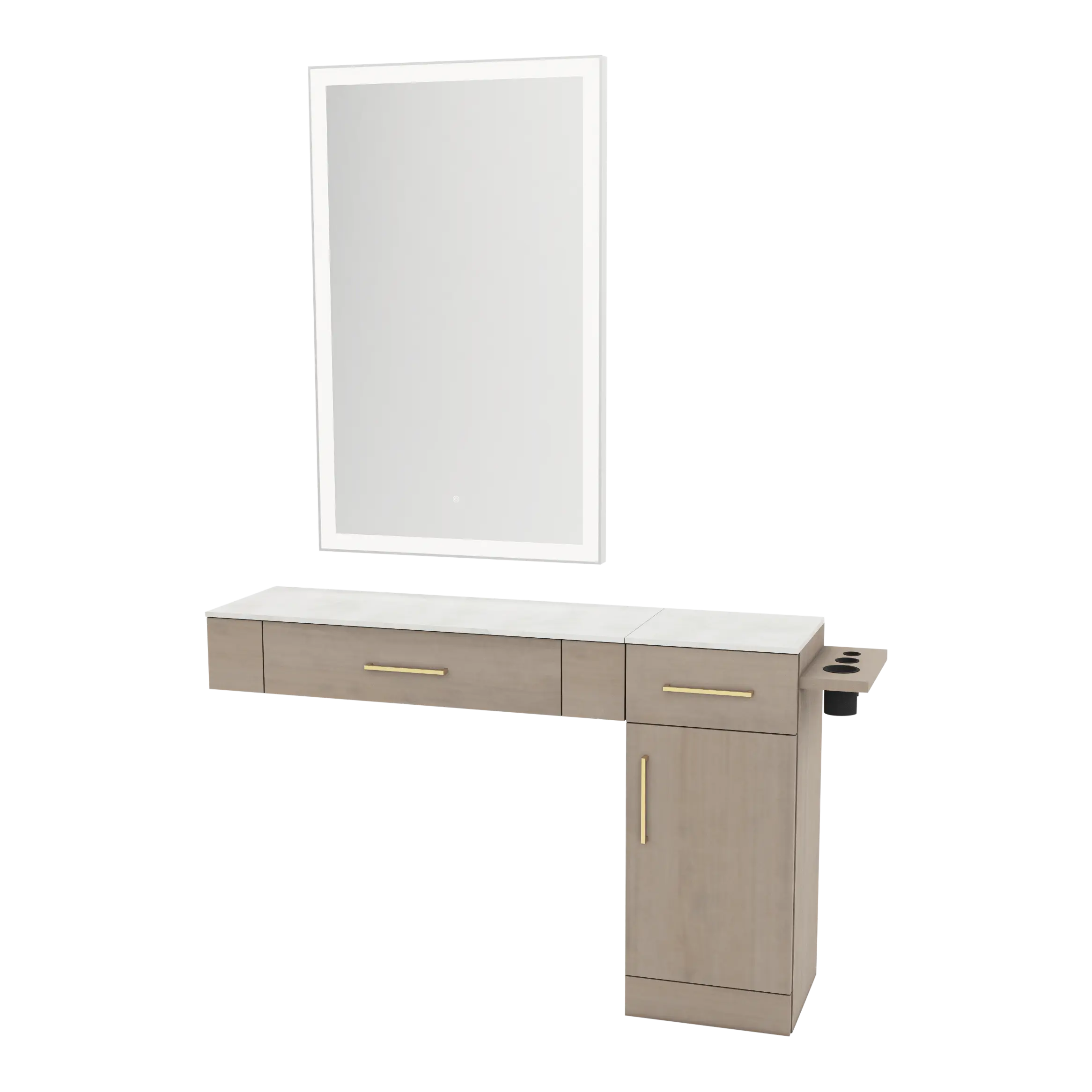 Nova Combo Wall Mount Styling Station with Side-Mount Appliance Holder, Solid Surface Countertop, and Silver Rectangle Glo Mirror