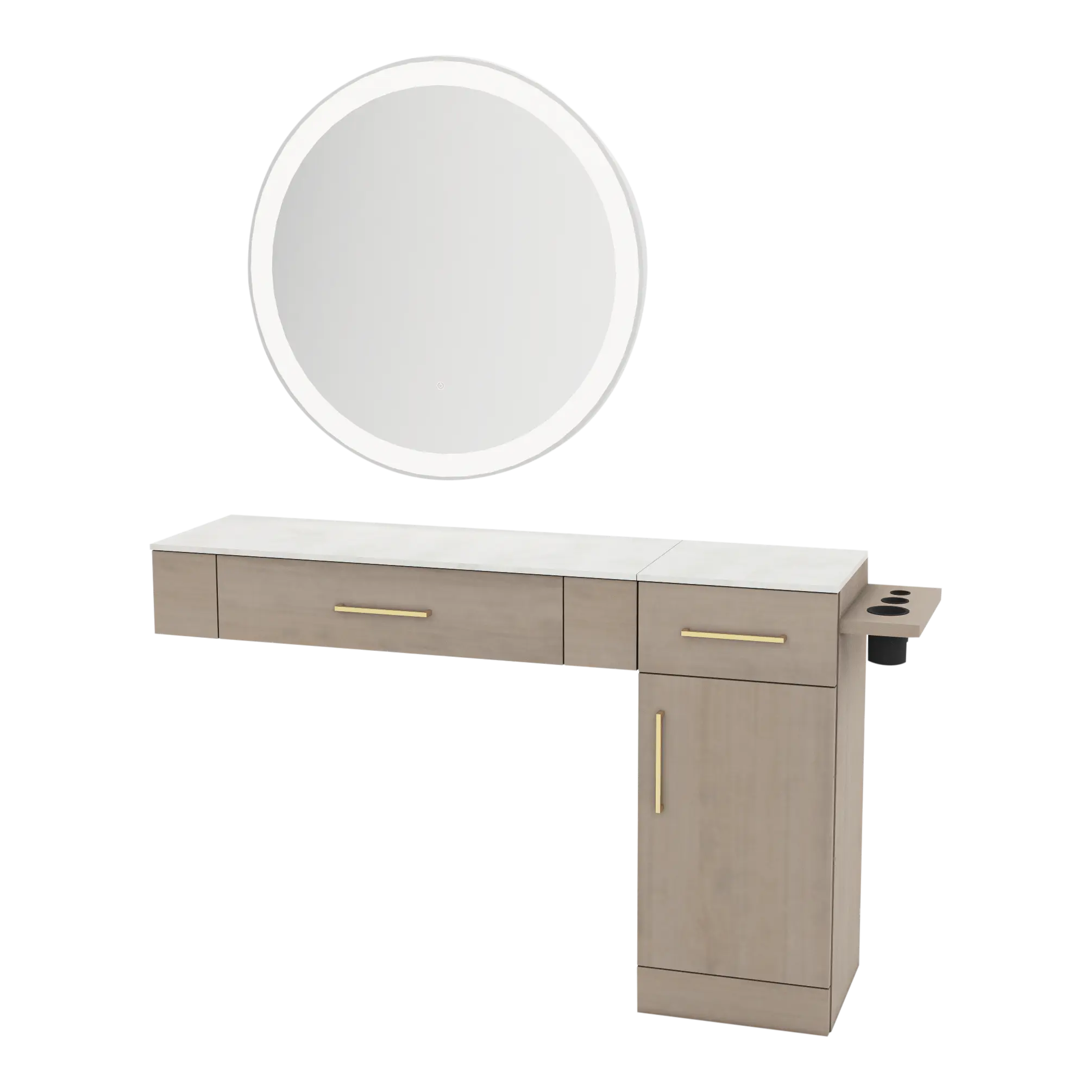 Nova Combo Wall Mount Styling Station with Side-Mount Appliance Holder, Solid Surface Countertop, and Silver Round Glo Mirror